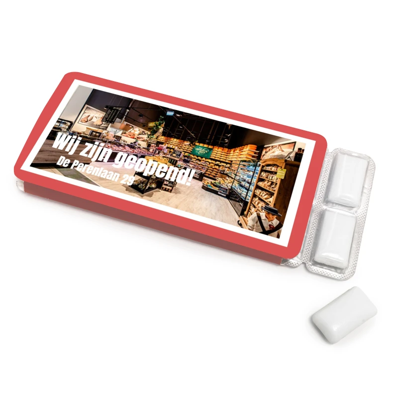 Openingsfeest bedankje - Kauwgom met foto en tekst