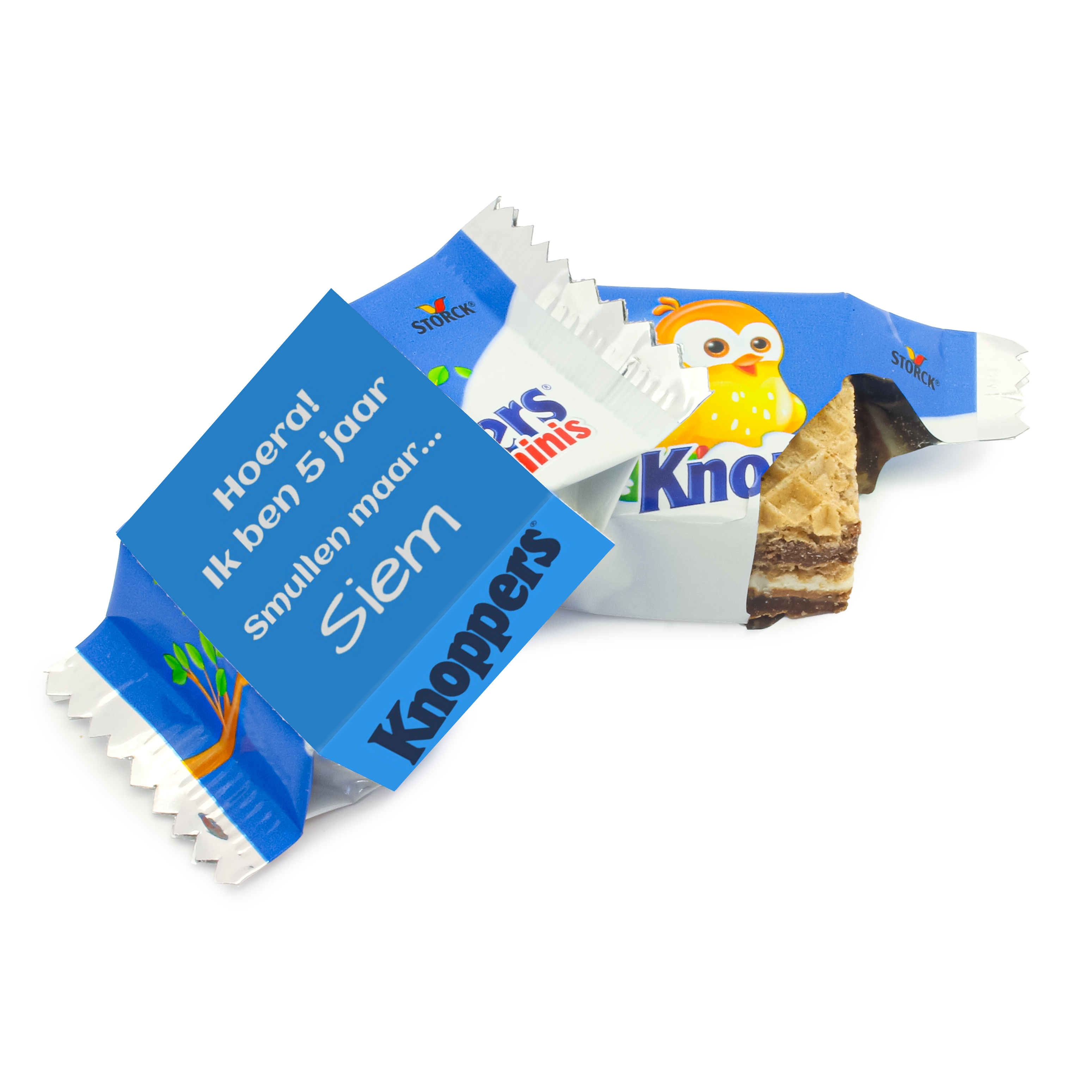 Knoppers met blauwe wikkel met eigen print