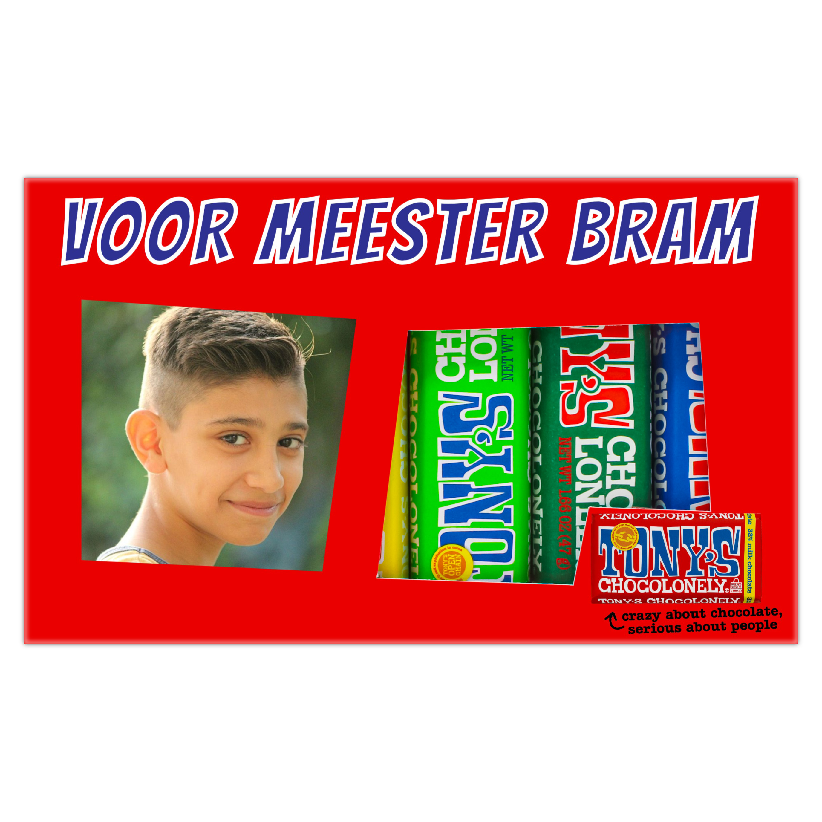 Tony's Chocolonely cadeautje met foto voor de meester