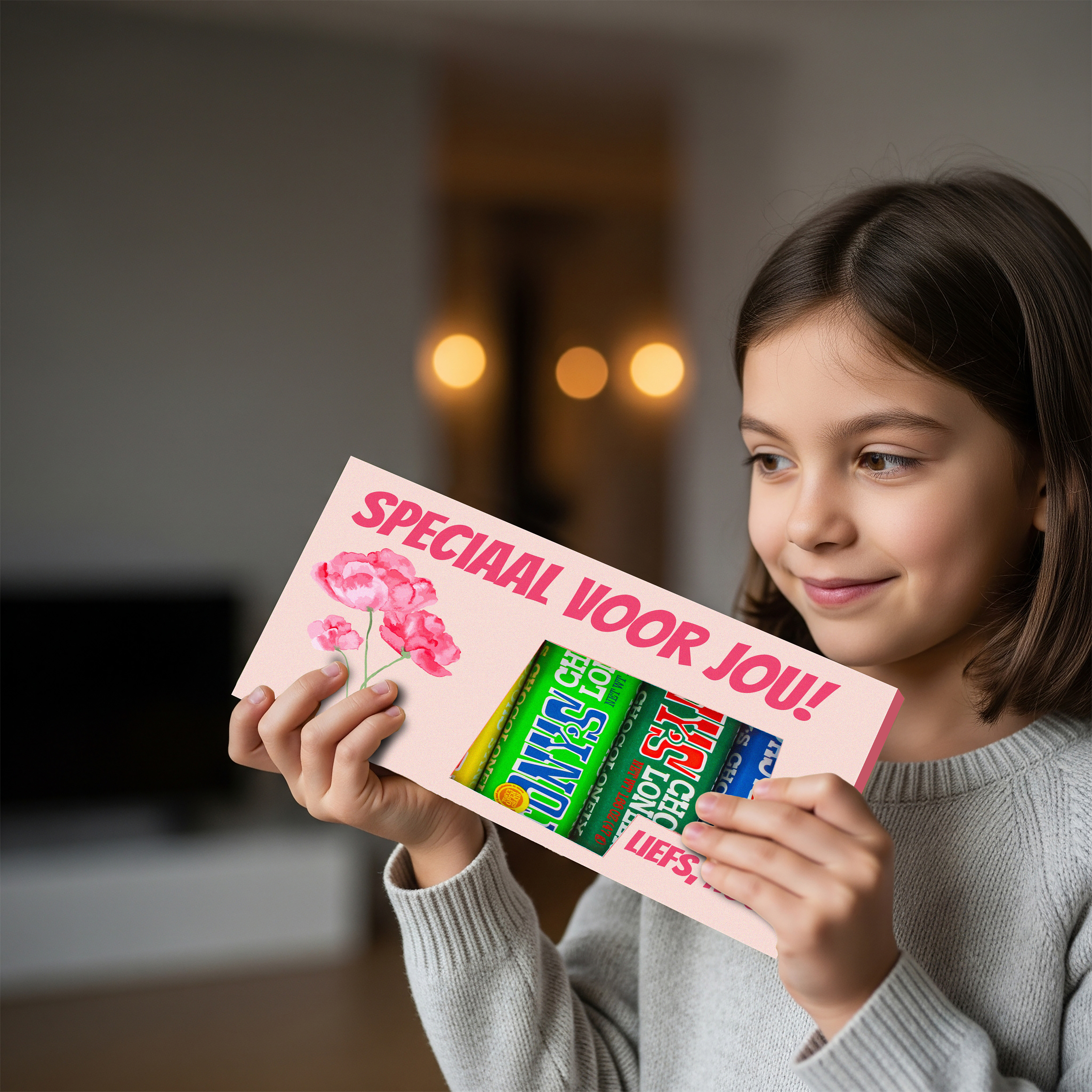Meisje met Tony's Chocolonely chocolade voor de juf