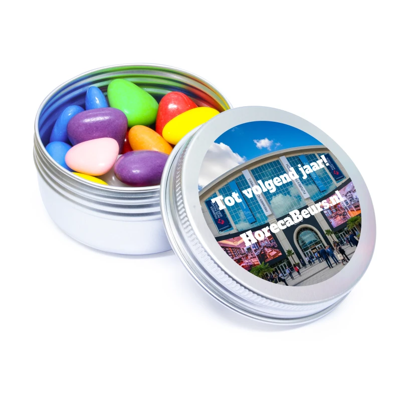 Bedankje voor beurzen - Zilver blikje met print