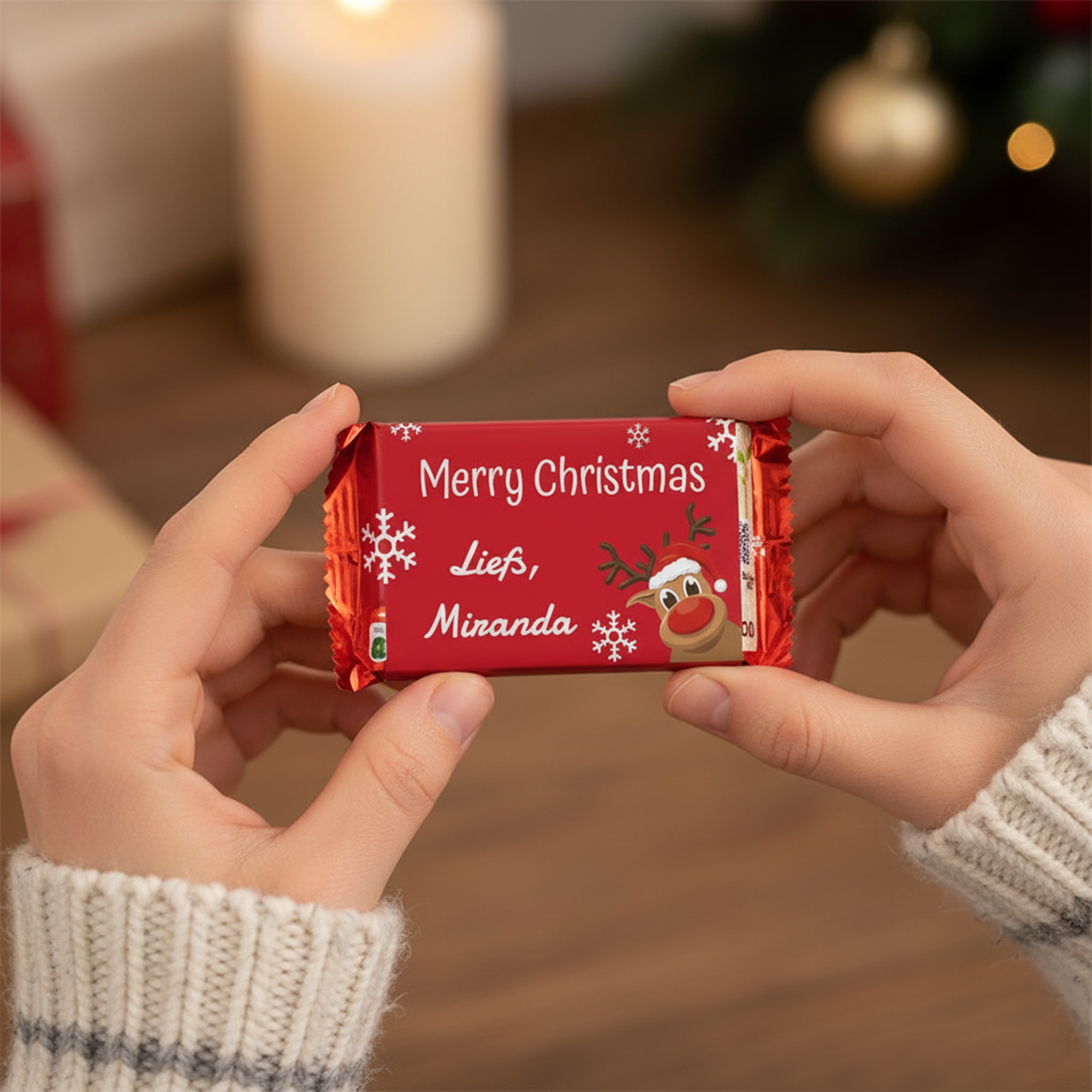 KitKat chocolade met eigen tekst voor kerst in handen