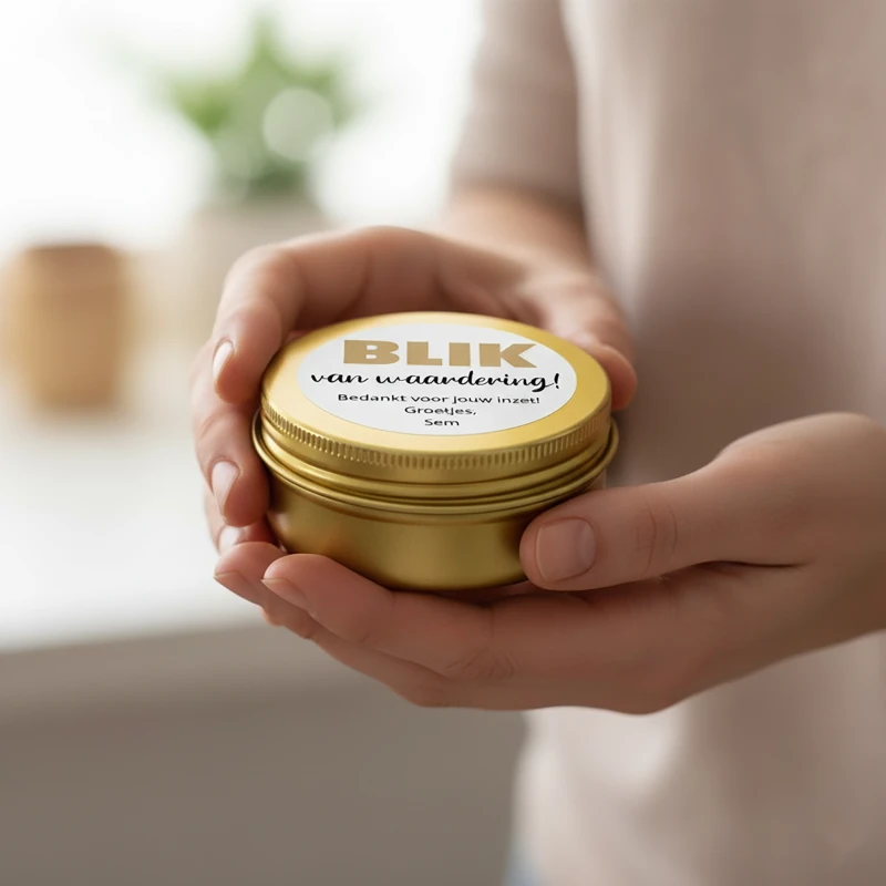 Blikje van waardering bedankje in handen