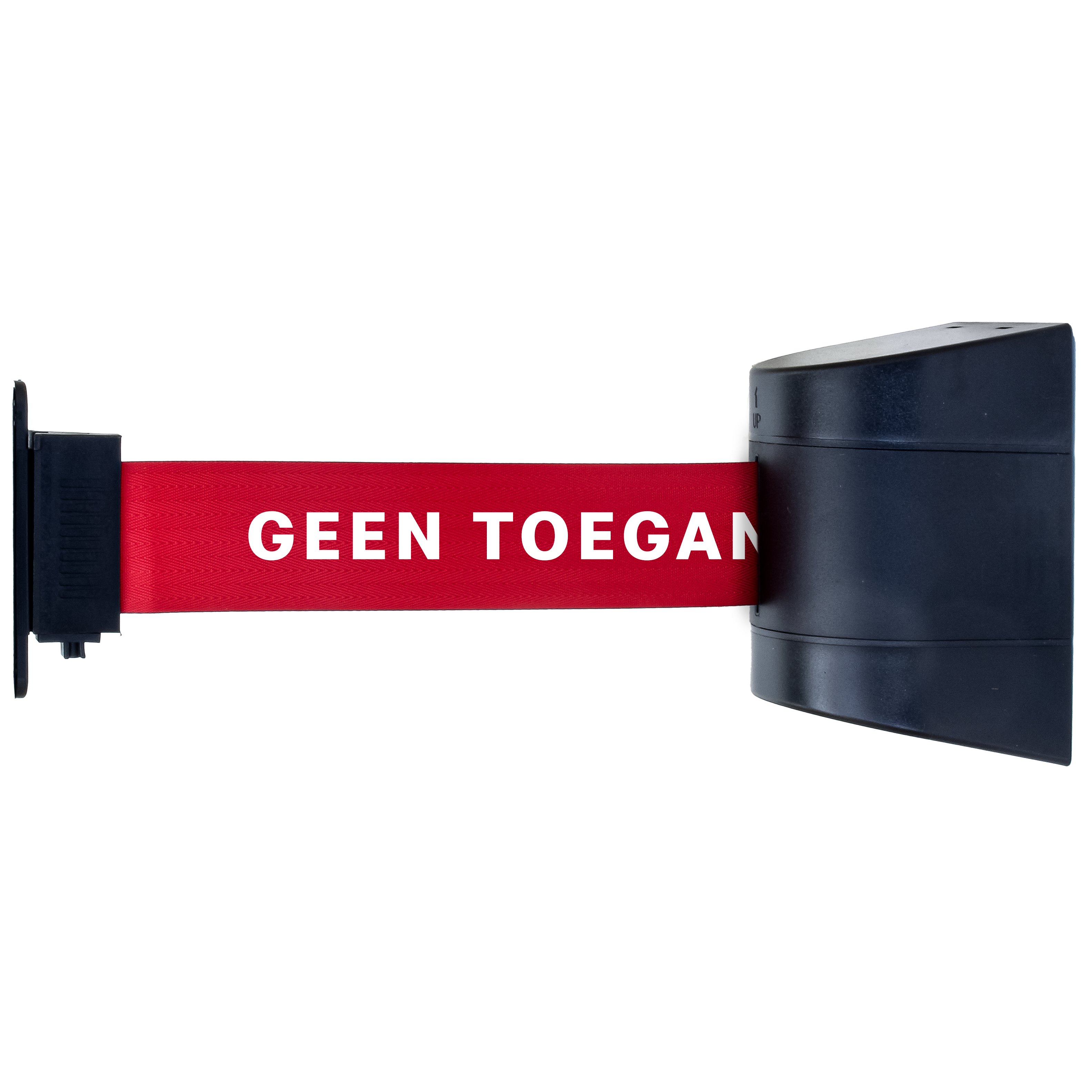Wand systeem met rood bedrukt uittrekbaar lint