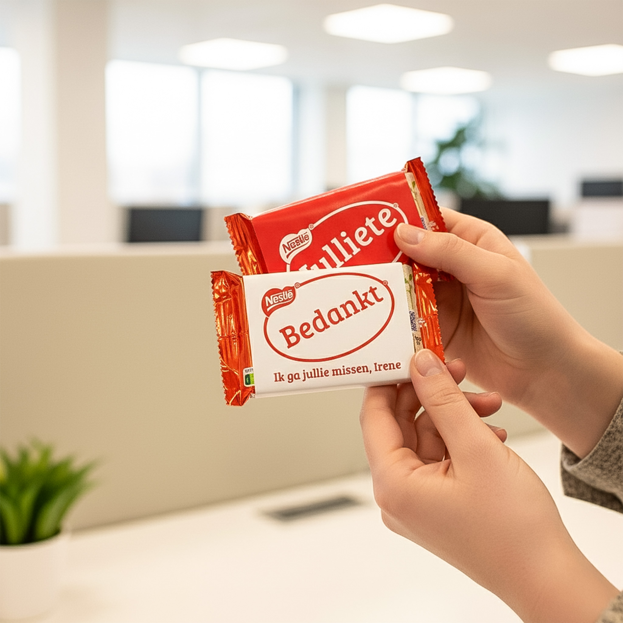 KitKat bedankje voor collega's op kantoor in hand