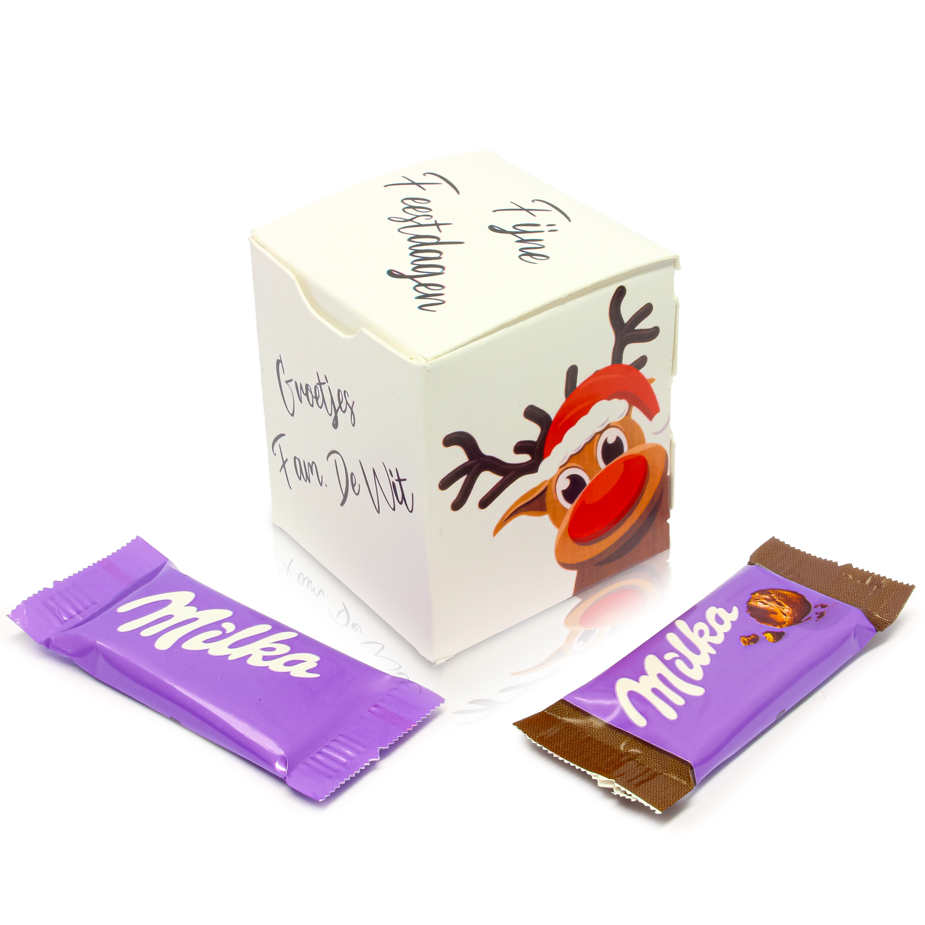 Wit bedankdoosje met Rudolph print en persoonlijke tekst als Kerst bedankje