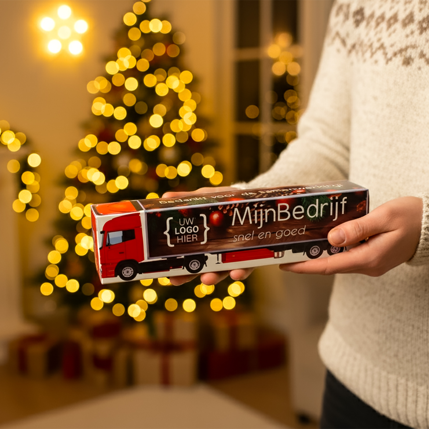 Vrachtwagen cadeautje - Doosje in vorm van een truck met bonbons en kerst print