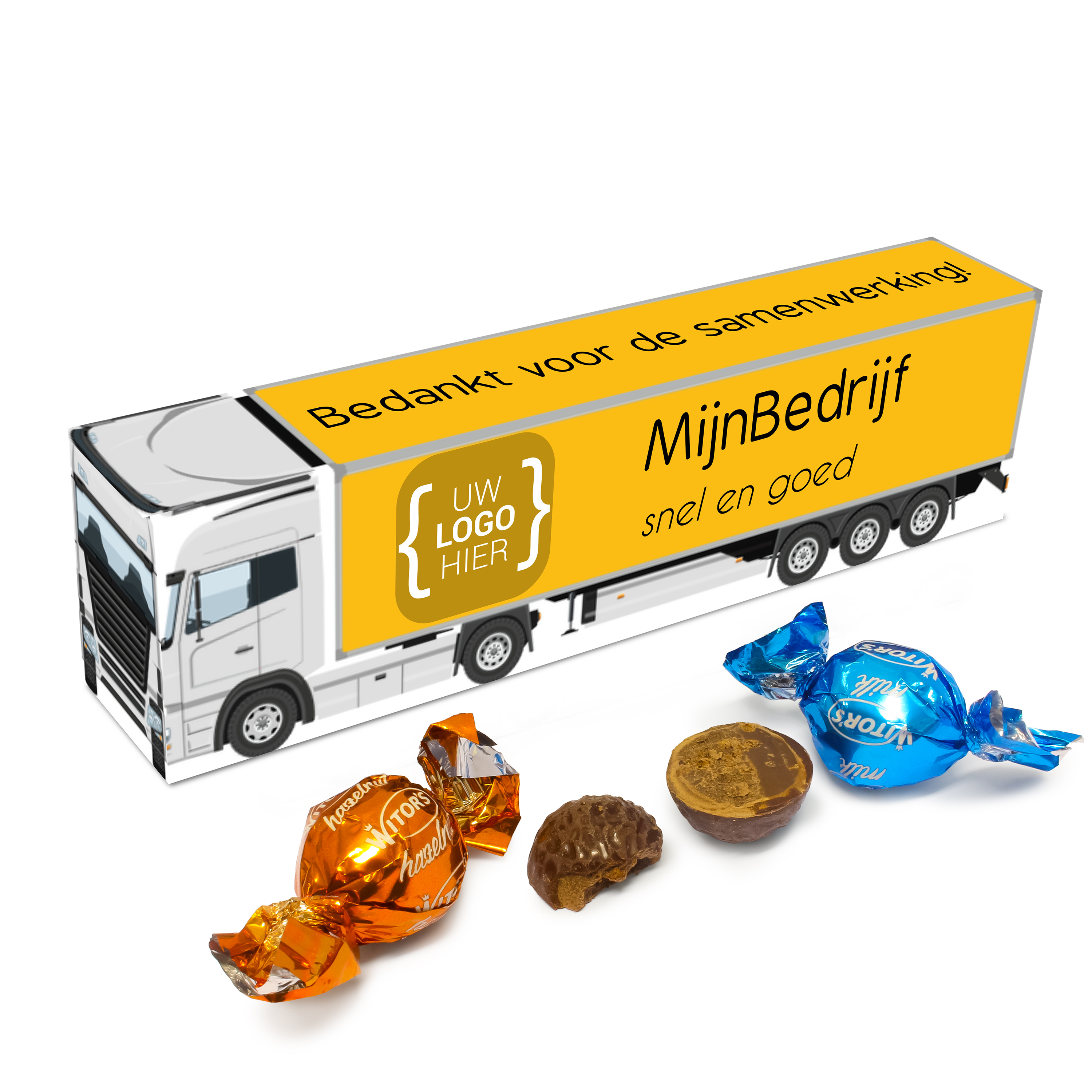 Vrachtwagen cadeautje als bedankje met bonbons en eigen ontwerp truck voor feestdagen en kerst