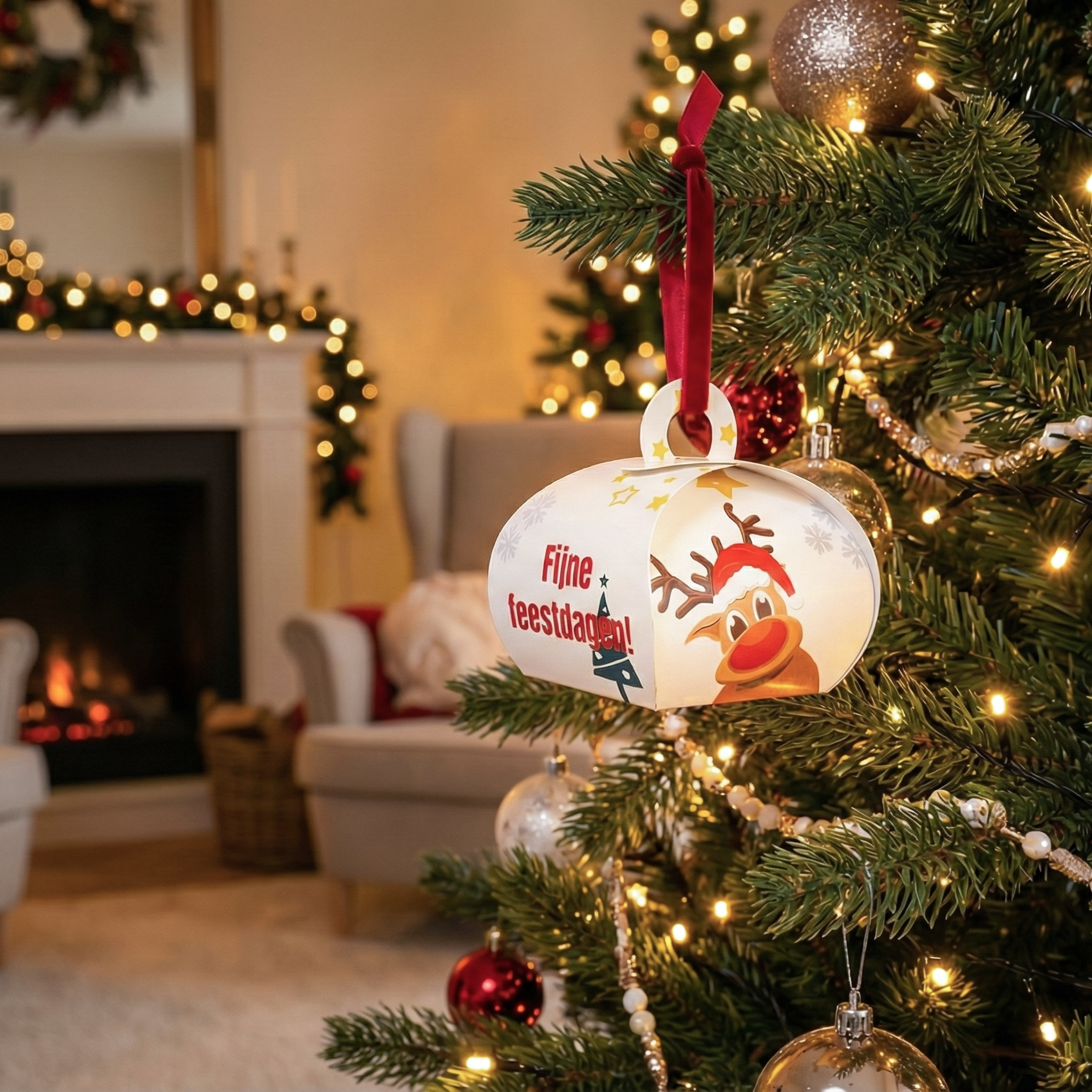 Kleine kerst attentie met bonbons met hanger aan de kerstboom