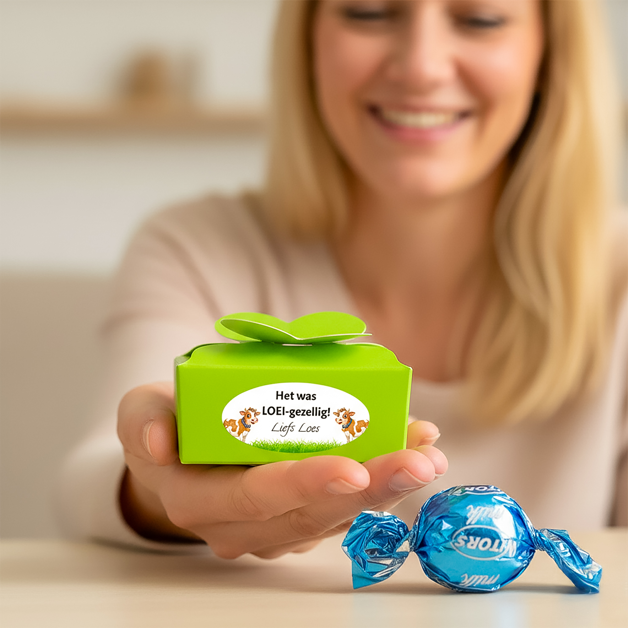 Gepersonaliseerd cadeautje - Groen bonbondoosje met eigen leuke tekst