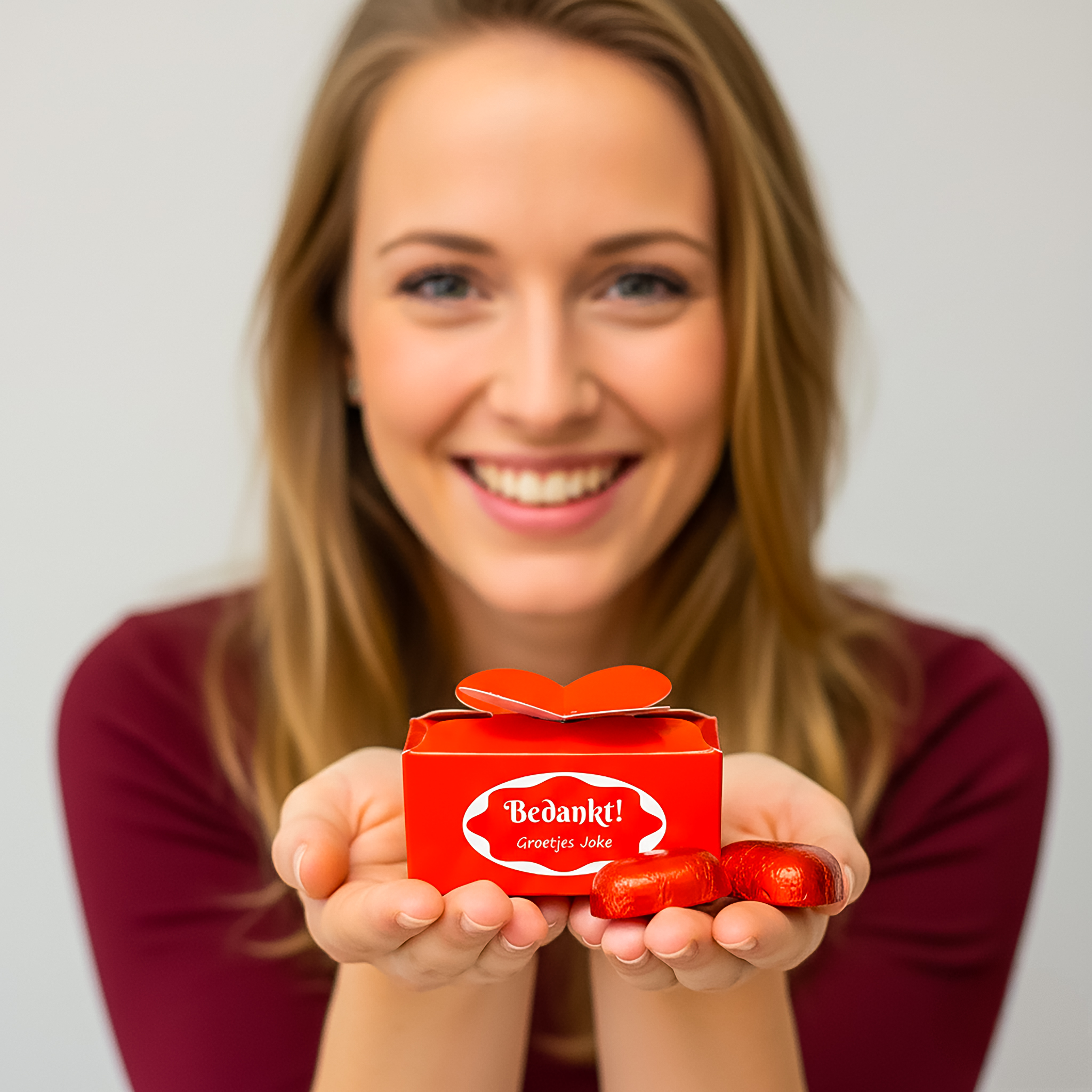 Gepersonaliseerd rood cadeaudoosje met hartvormige bonbons en eigen print
