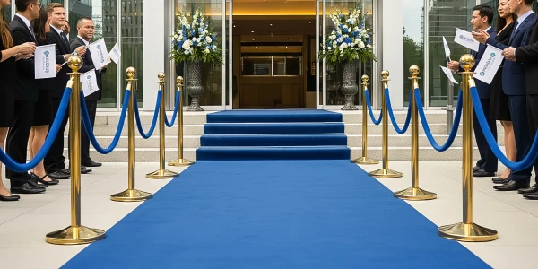 Blauwe loper en gouden afzetpaaltjes met blauw velours koord voor een entree