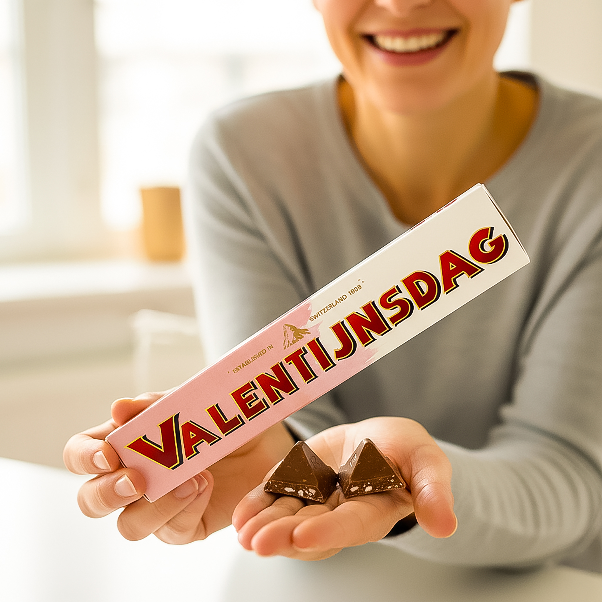 Gepersonaliseerd Toblerone cadeau voor valentijn in handen 