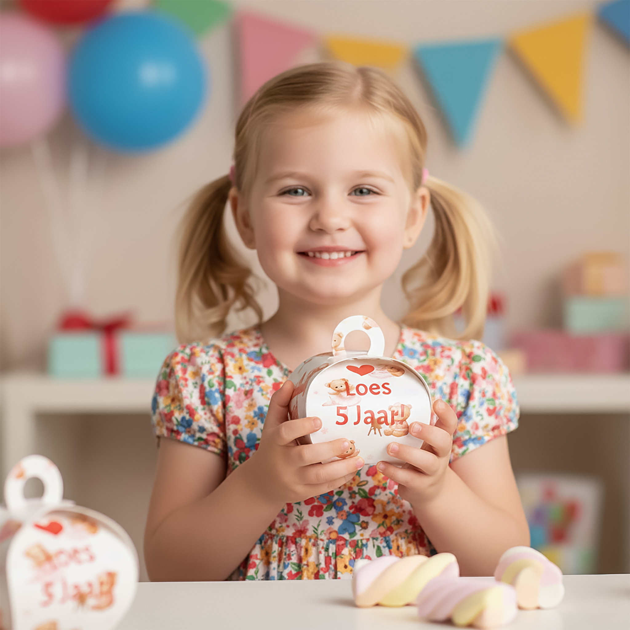Roze traktatie uitdeel doosje voor verjaardag met eigen naam en spekjes met meisje op de foto