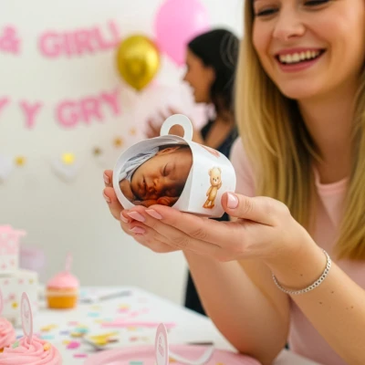 Presentje met foto voor kraamfeest in handen van vrouw