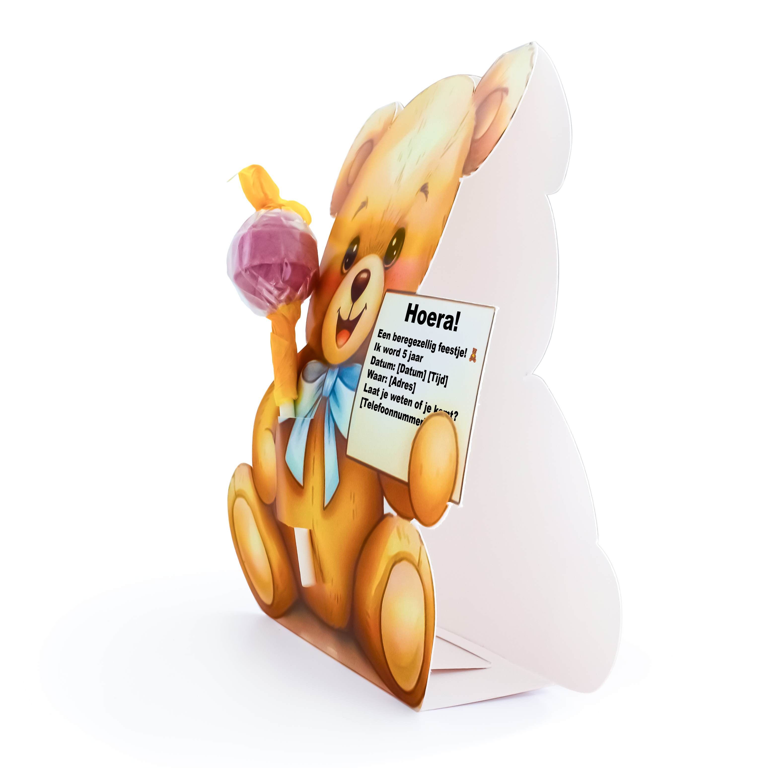 Beertje met kinderfeestje uitnodigingskaartje met lolly snoepje