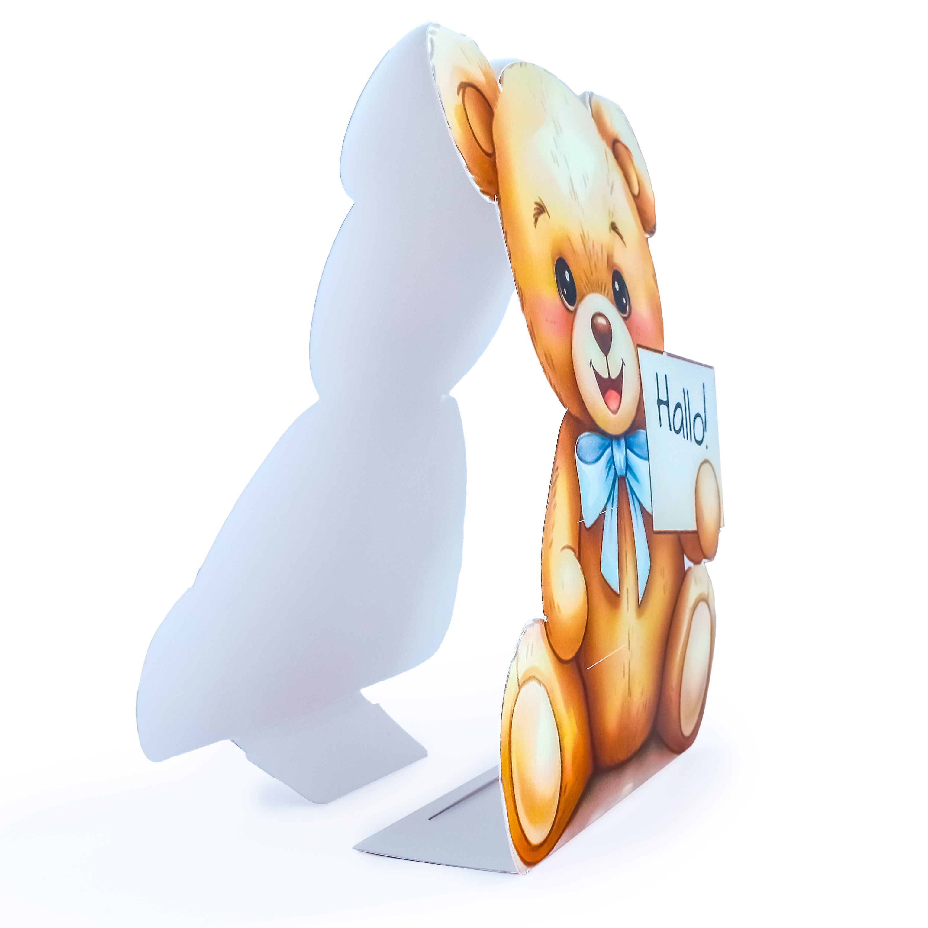 Staand vouwbaar kaartje in beertje vorm met lolly houder en uitnodigingstekst