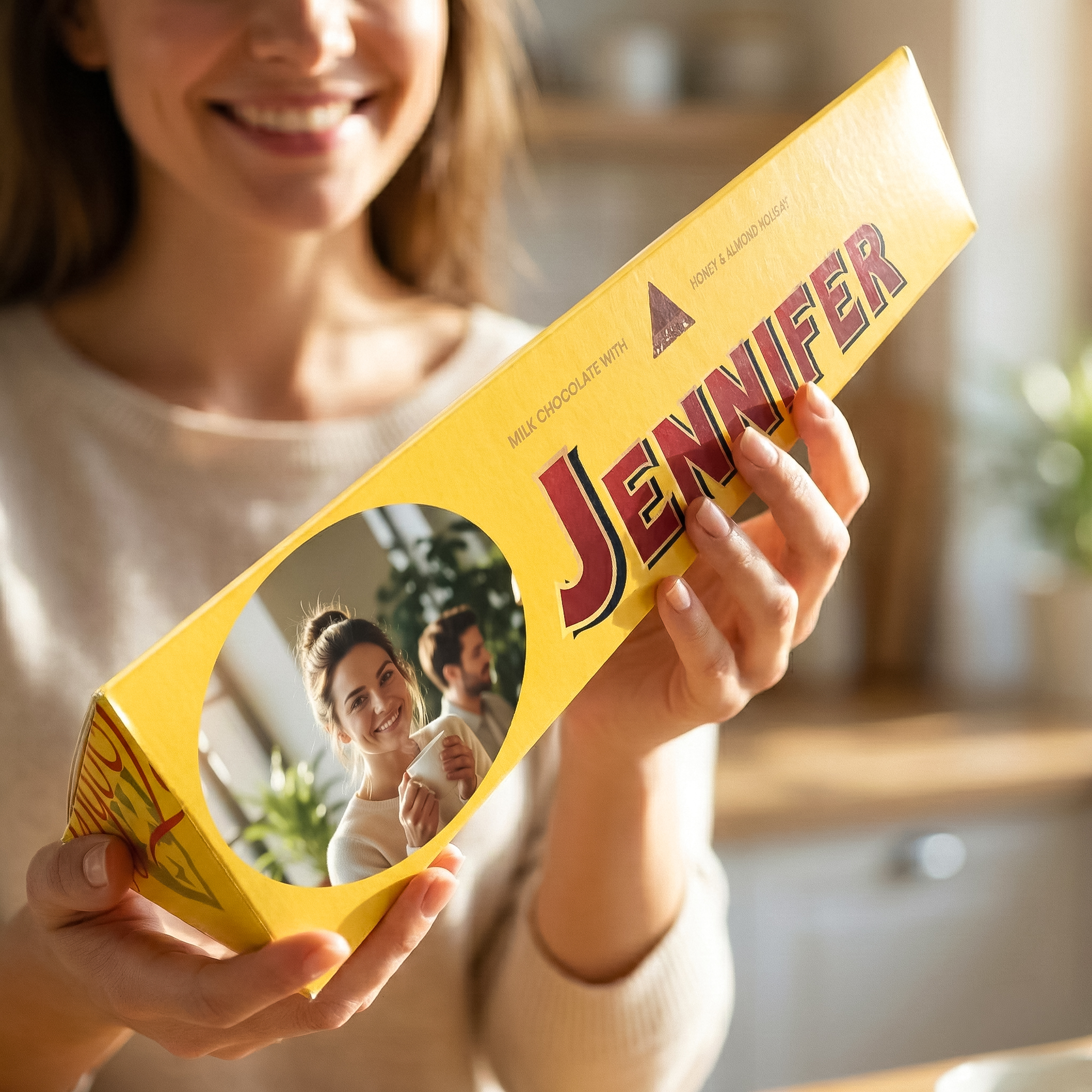 Gepersonaliseerd Toblerone cadeau met foto en naam in handen