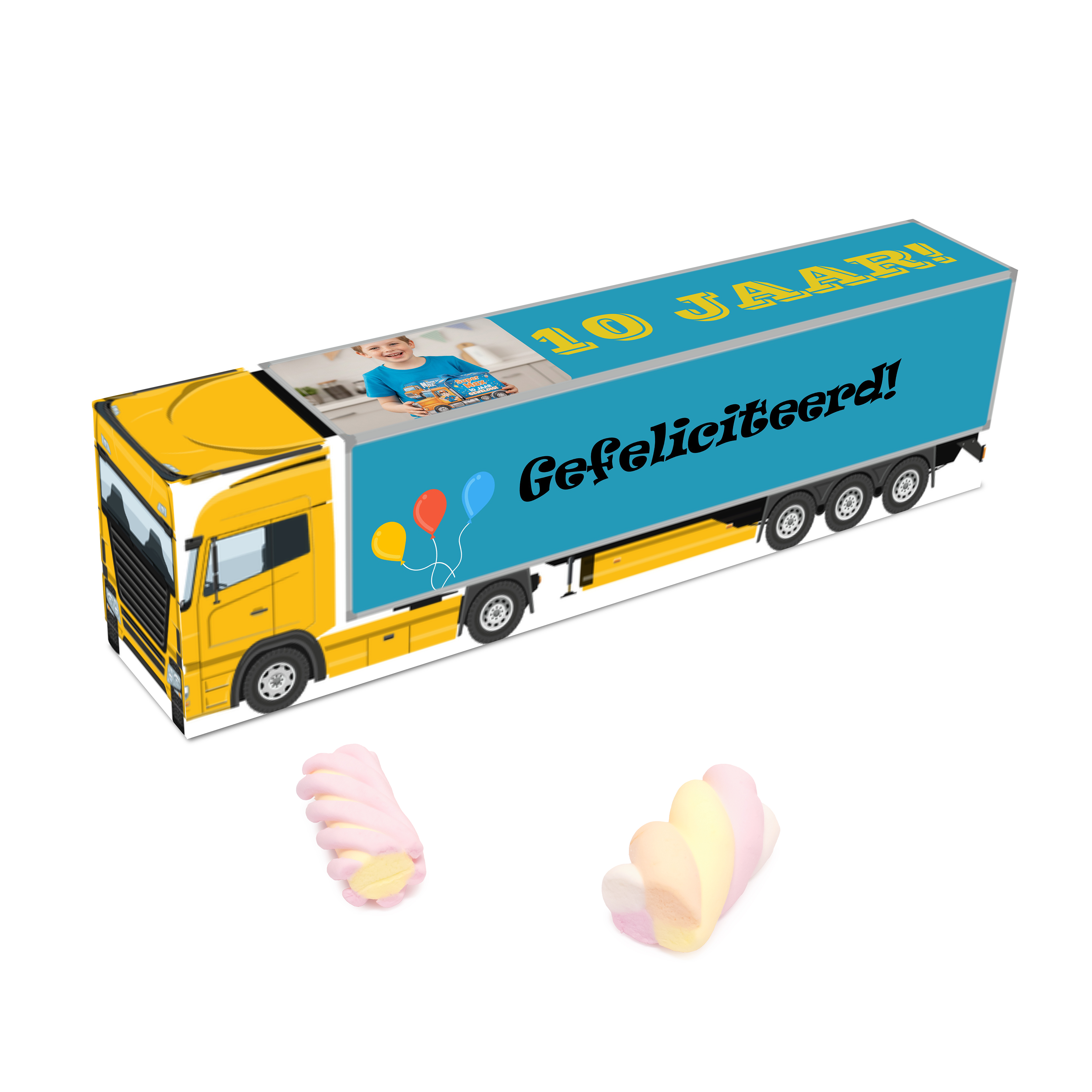 Vrachtwagen doosje met spekjes als persoonlijk verjaardag cadeautje