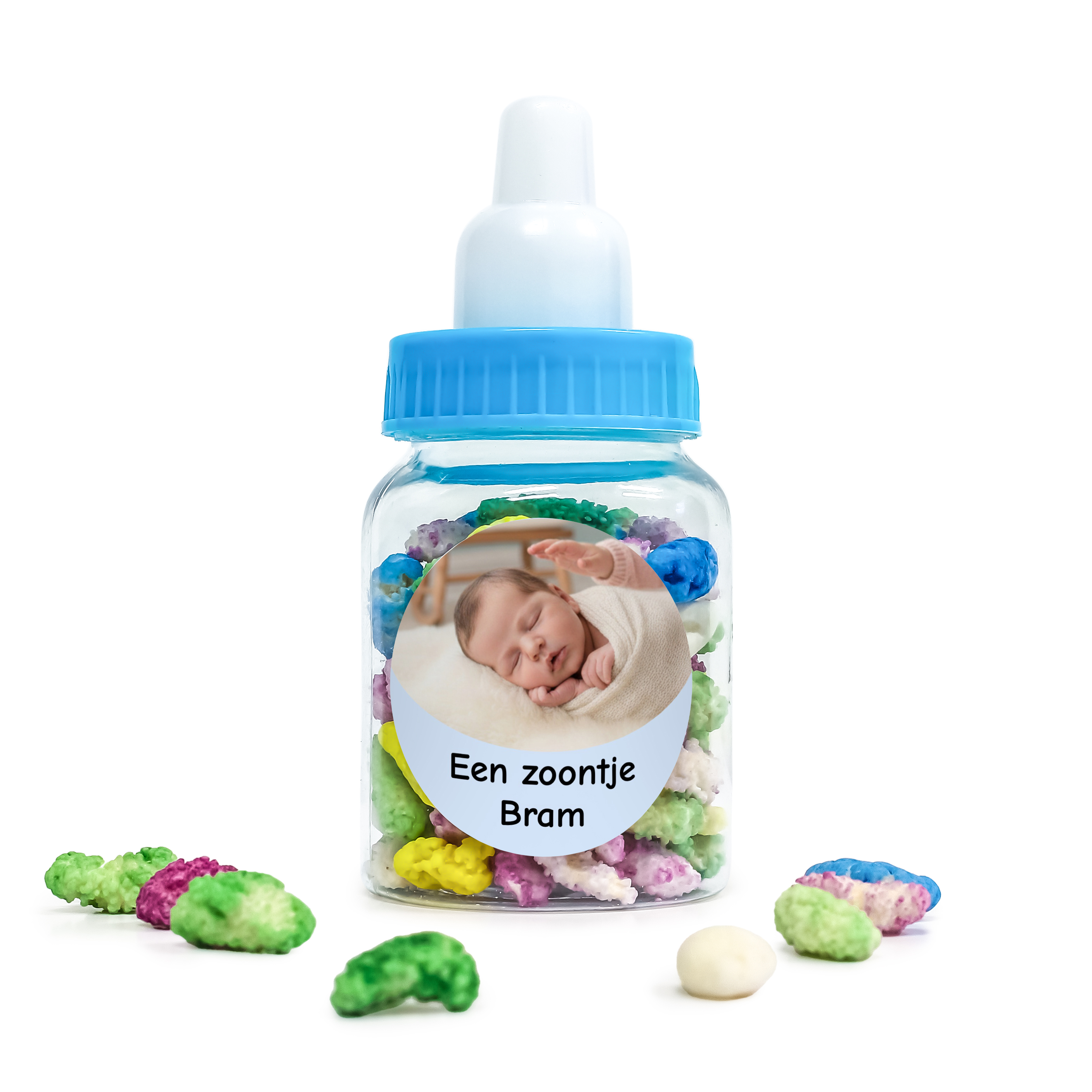 Blauw geboorte papflesje met foto en naam