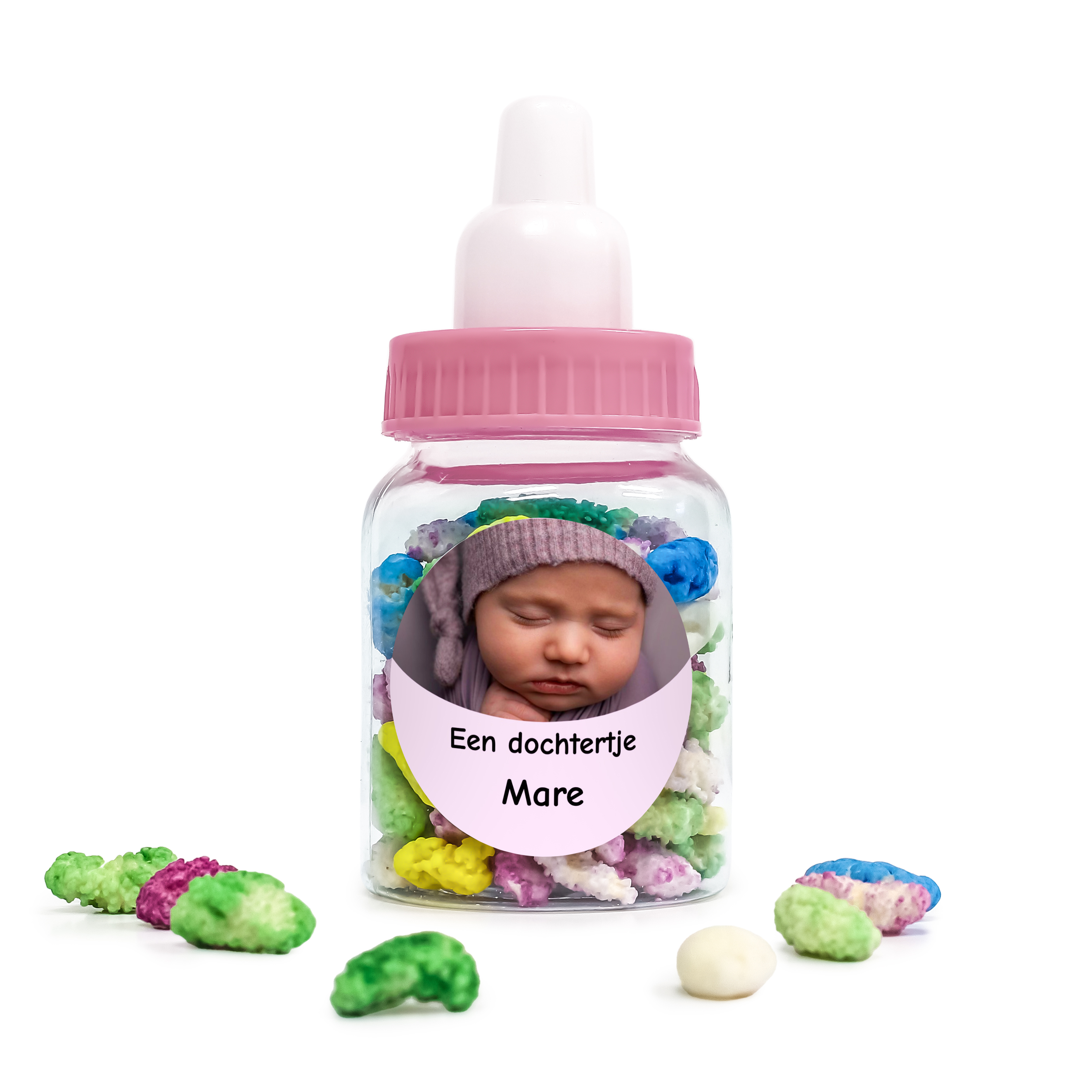 Roze geboorte papflesje met foto en naam