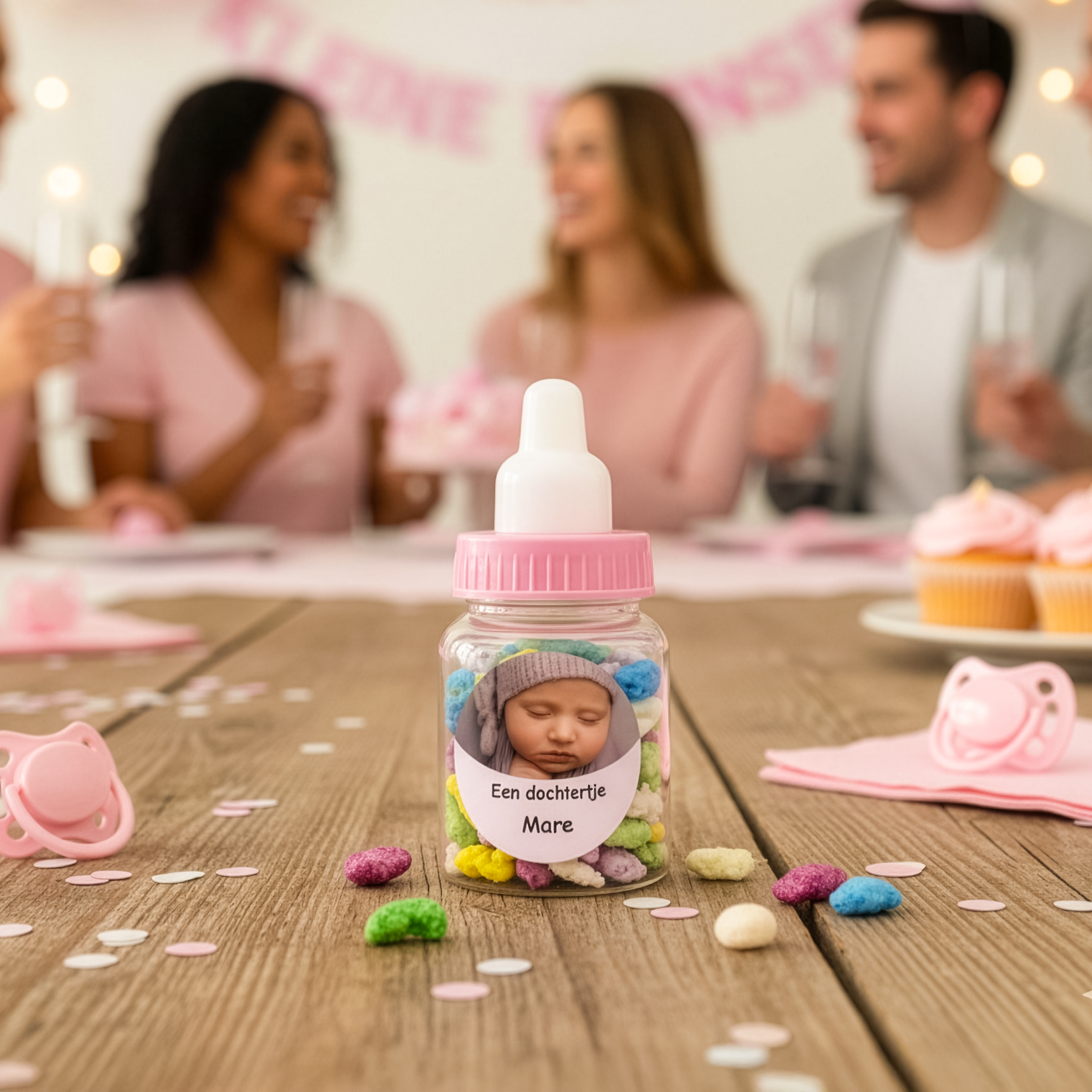 Papflesje met roze dop gevuld met manna op een kraamfeest van meisje