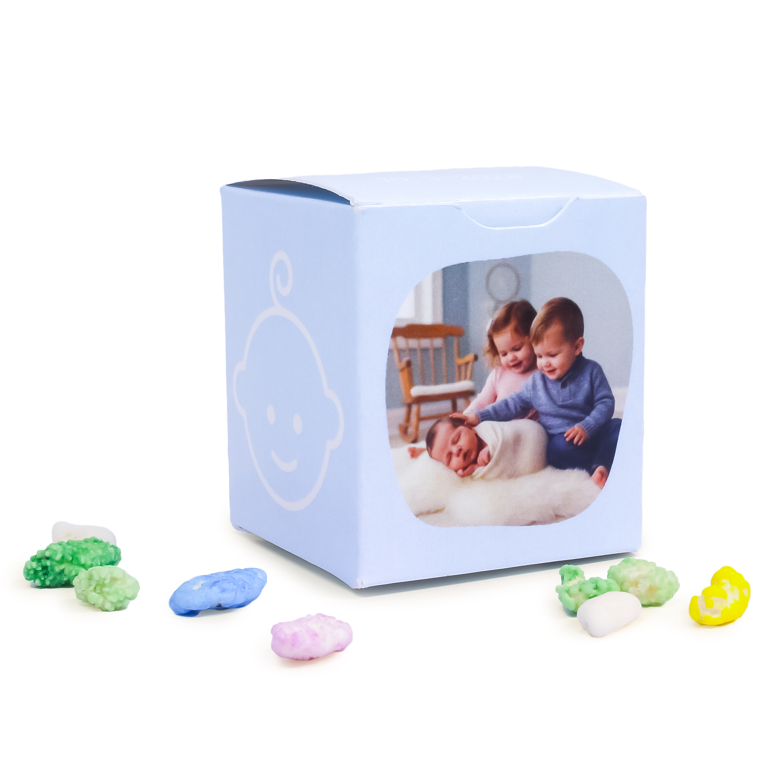 Uitdeel geschenkje voor geboorte van jongen met foto en naam