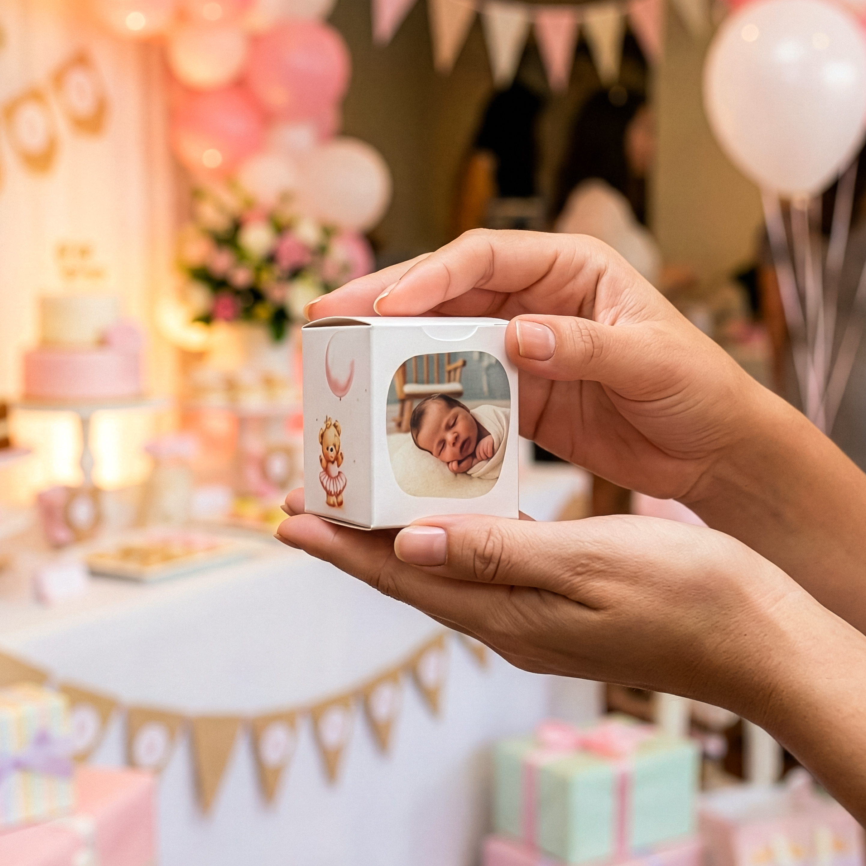 Geboorte bedank doosje met foto en naam in handen op kraamfeest