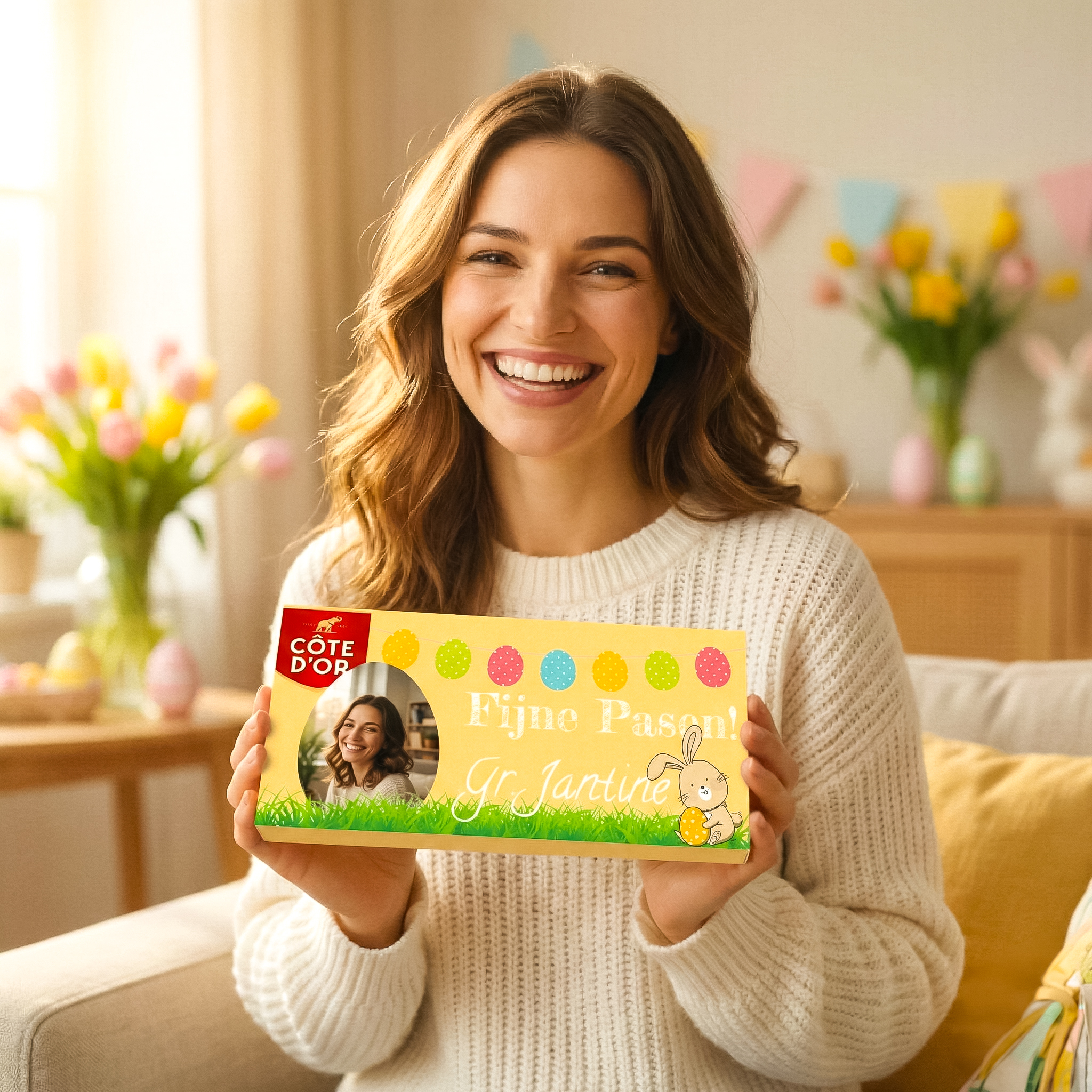 Gepersonaliseerd Côte d'Or cadeautje voor Pasen in handen van een vrouw