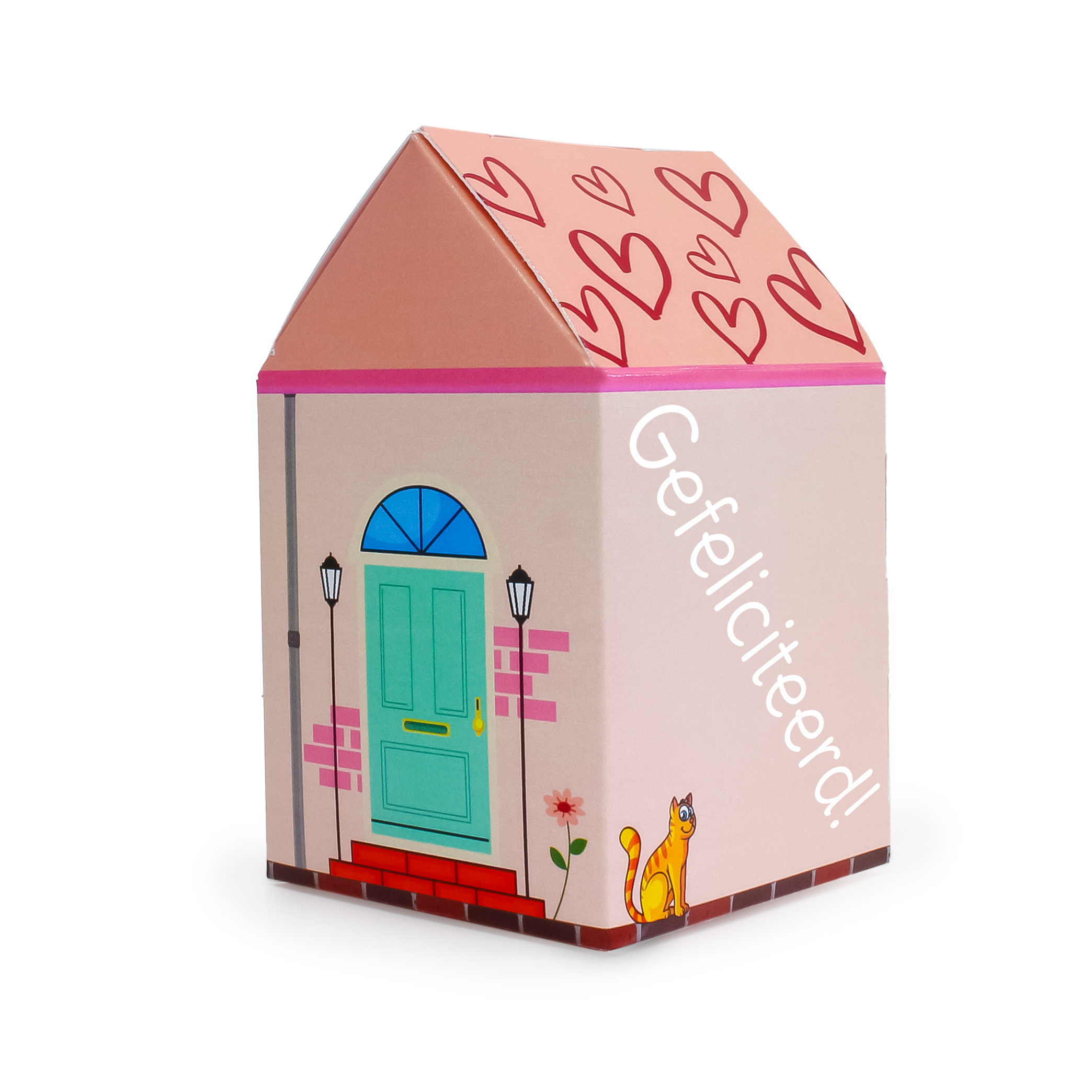 Roze huis cadeautje met eigen tekst voor housewarming of makelaars