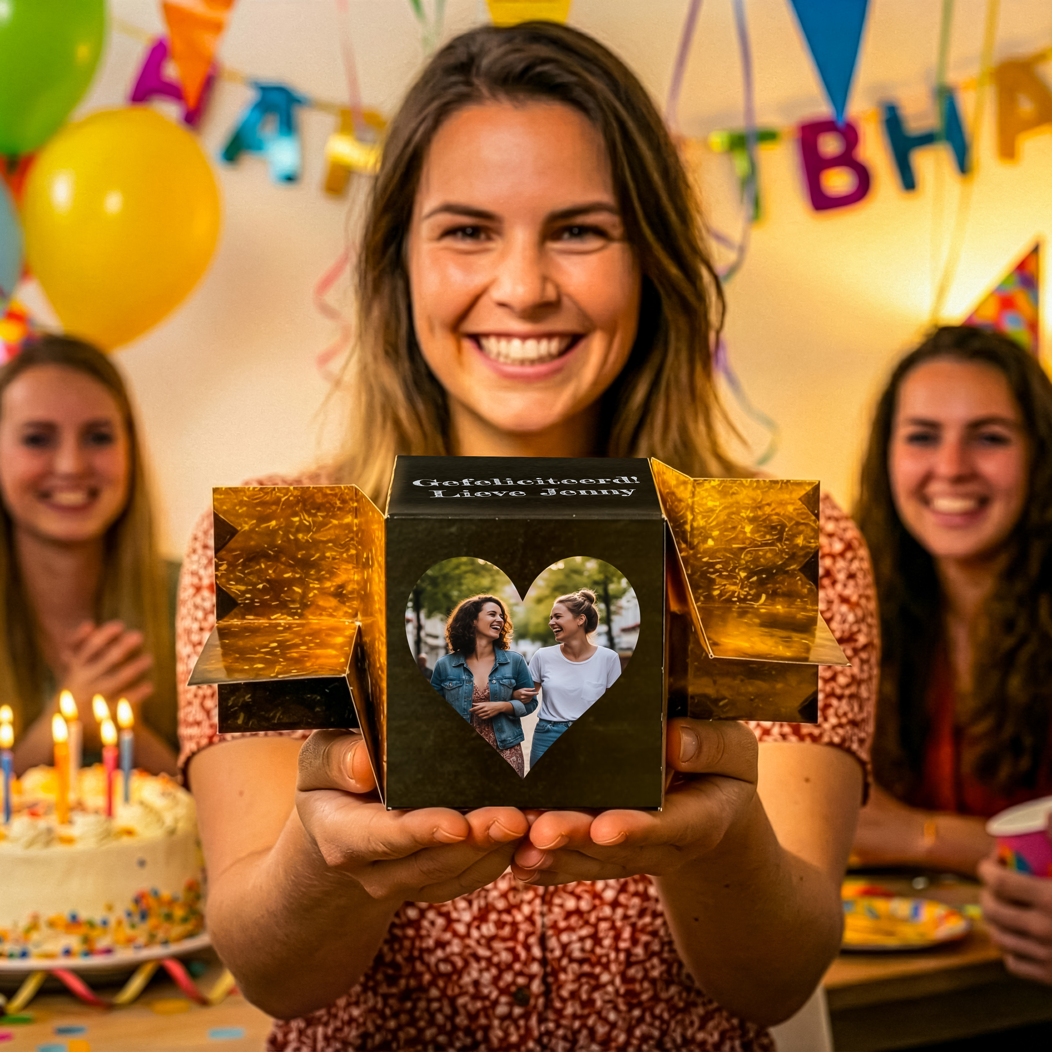 Groot Toffee cadeautje met foto in handen als persoonlijk verjaardagscadeautje