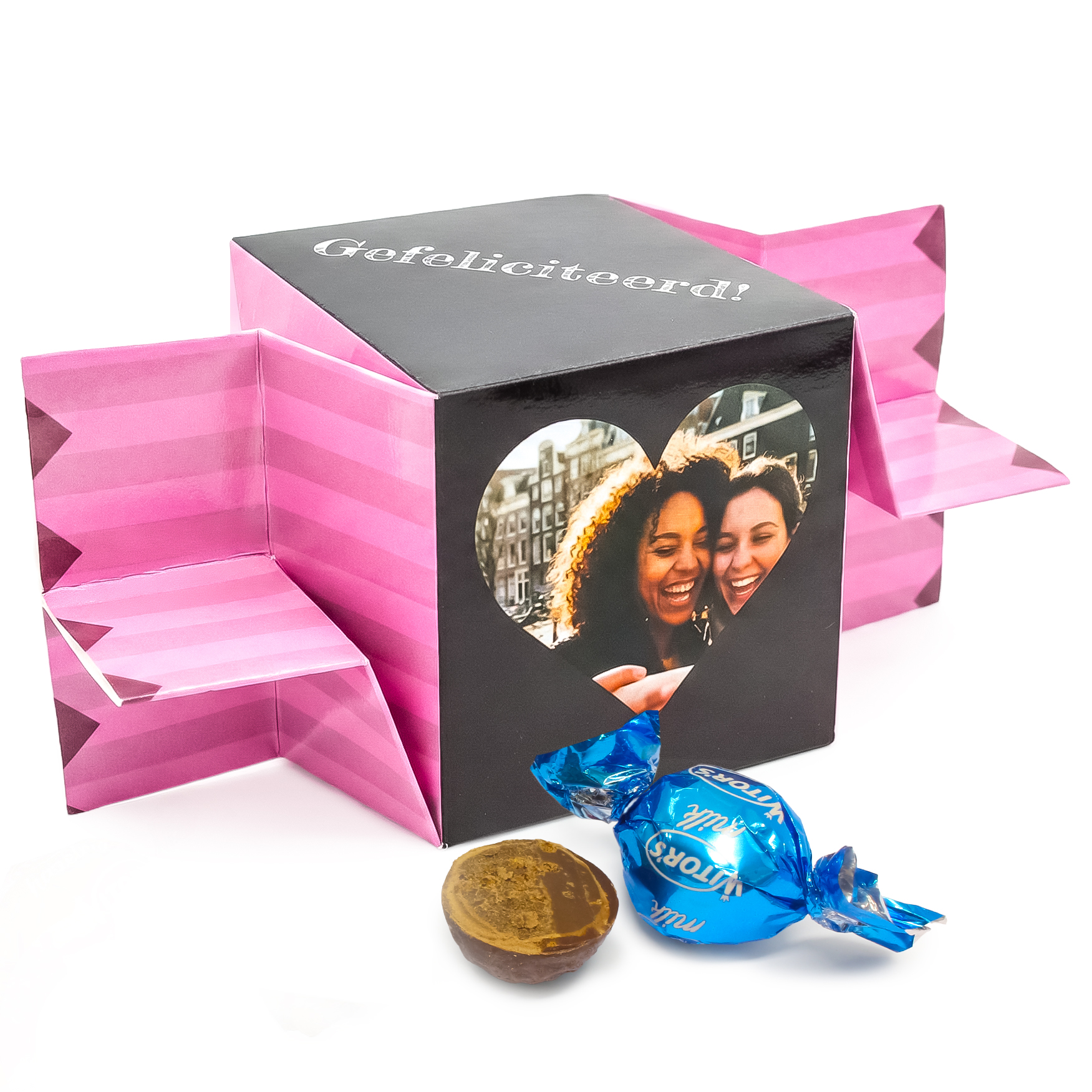 Grote roze toffee met foto als verjaardagscadeautje