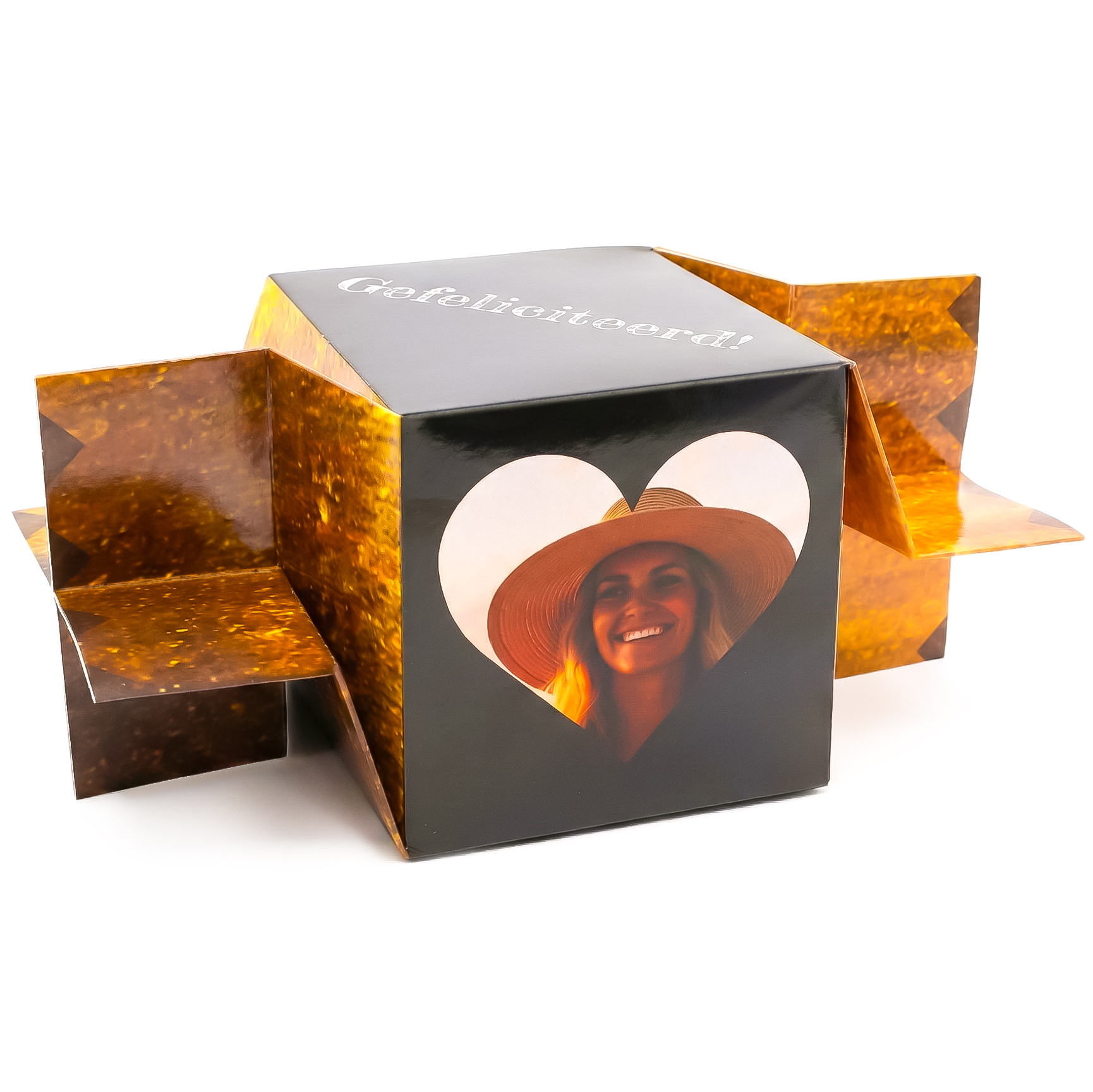 Groot gouden Toffee cadeautje met foto en naam met felicitatie