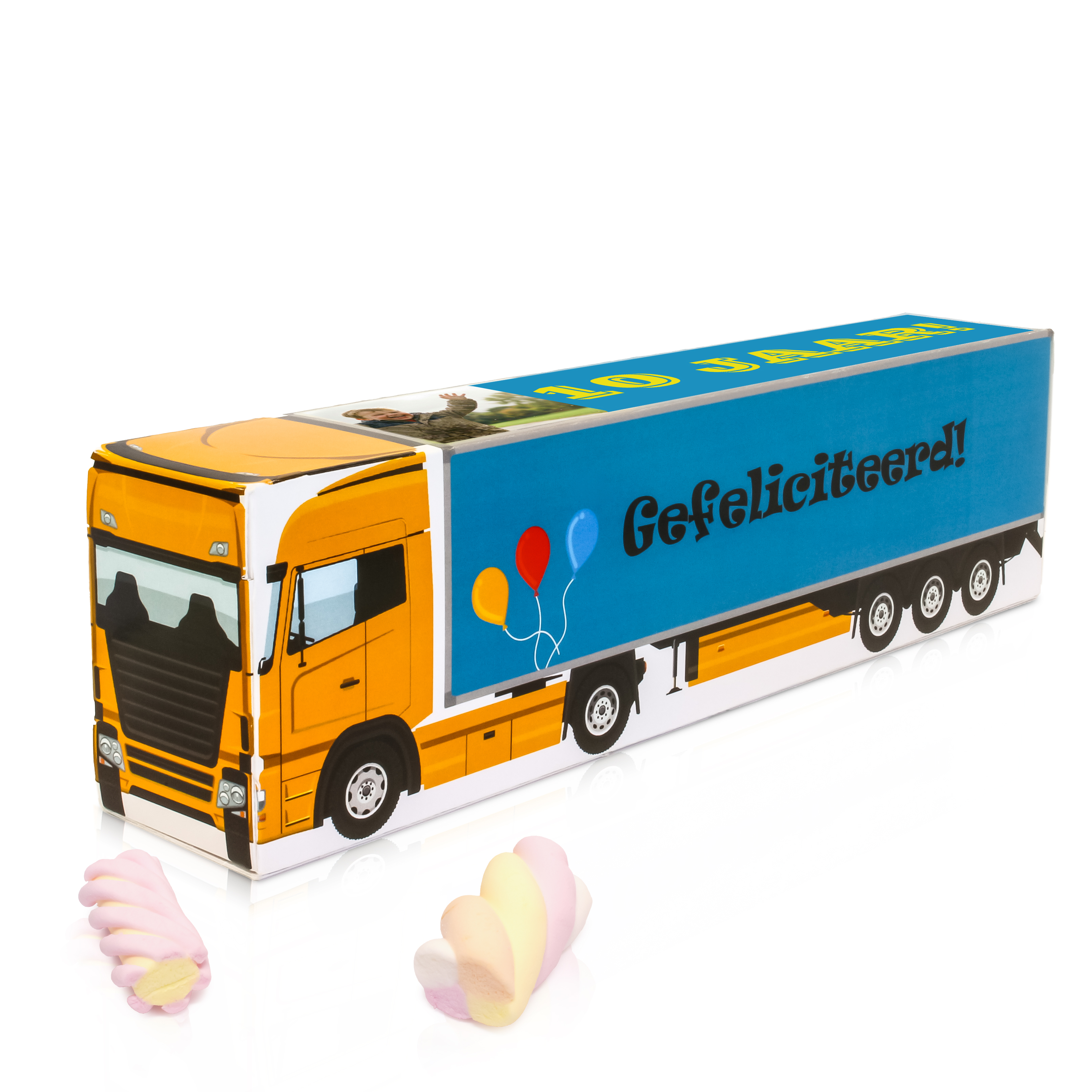 Vrachtwagen cadeau voor verjaardag jongen met spekjes