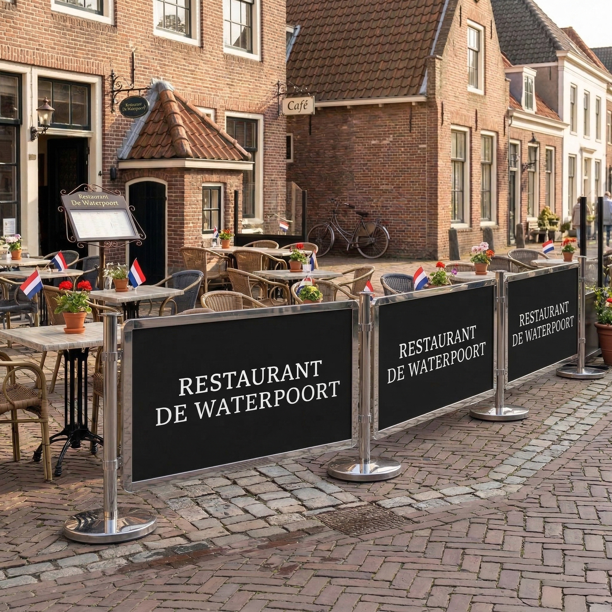 Chroom terrasschermen aan elkaar gekoppeld voor een terras van een restaurant