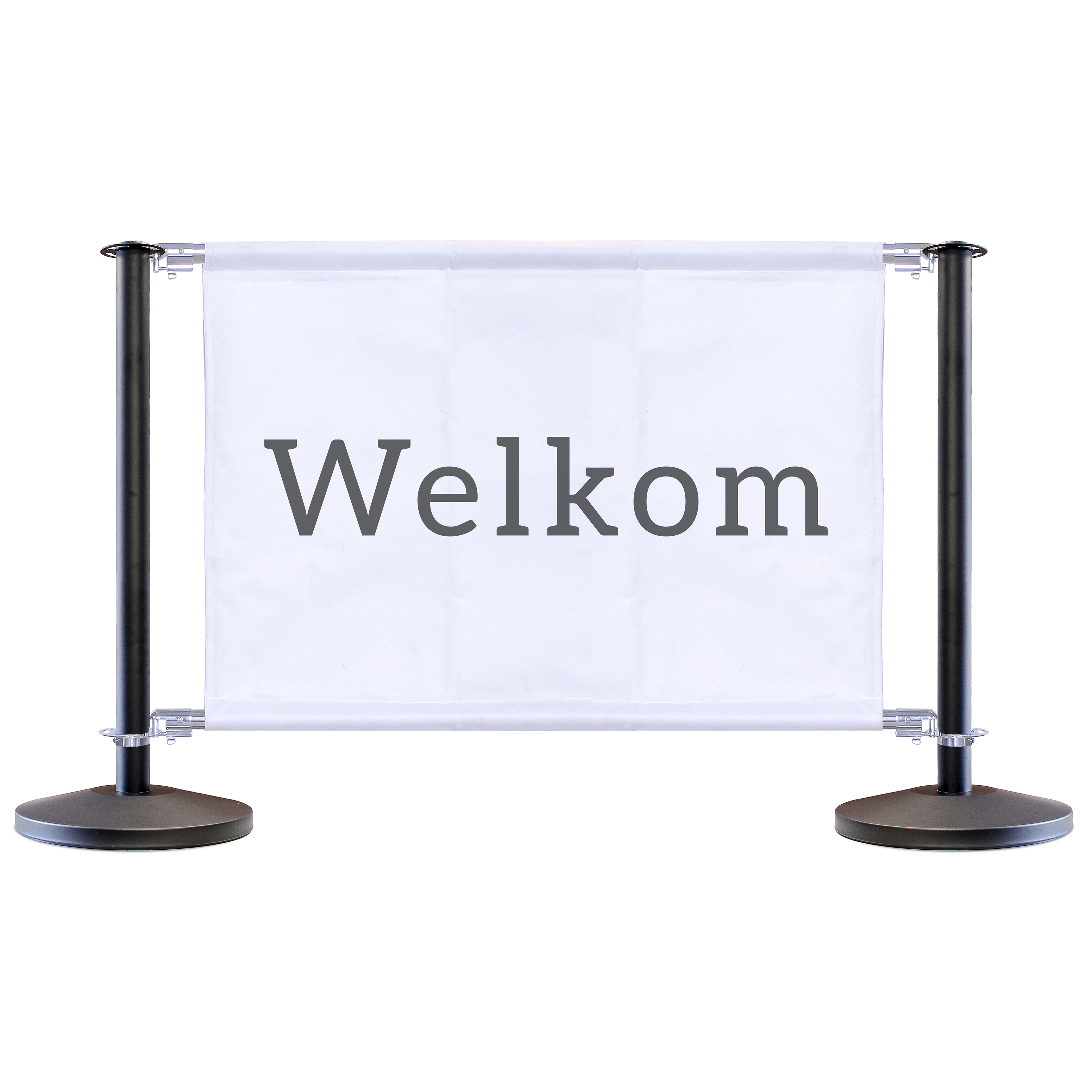 Zwart terrasscherm horeca met banner – terrasafscheiding met bedrukt doek