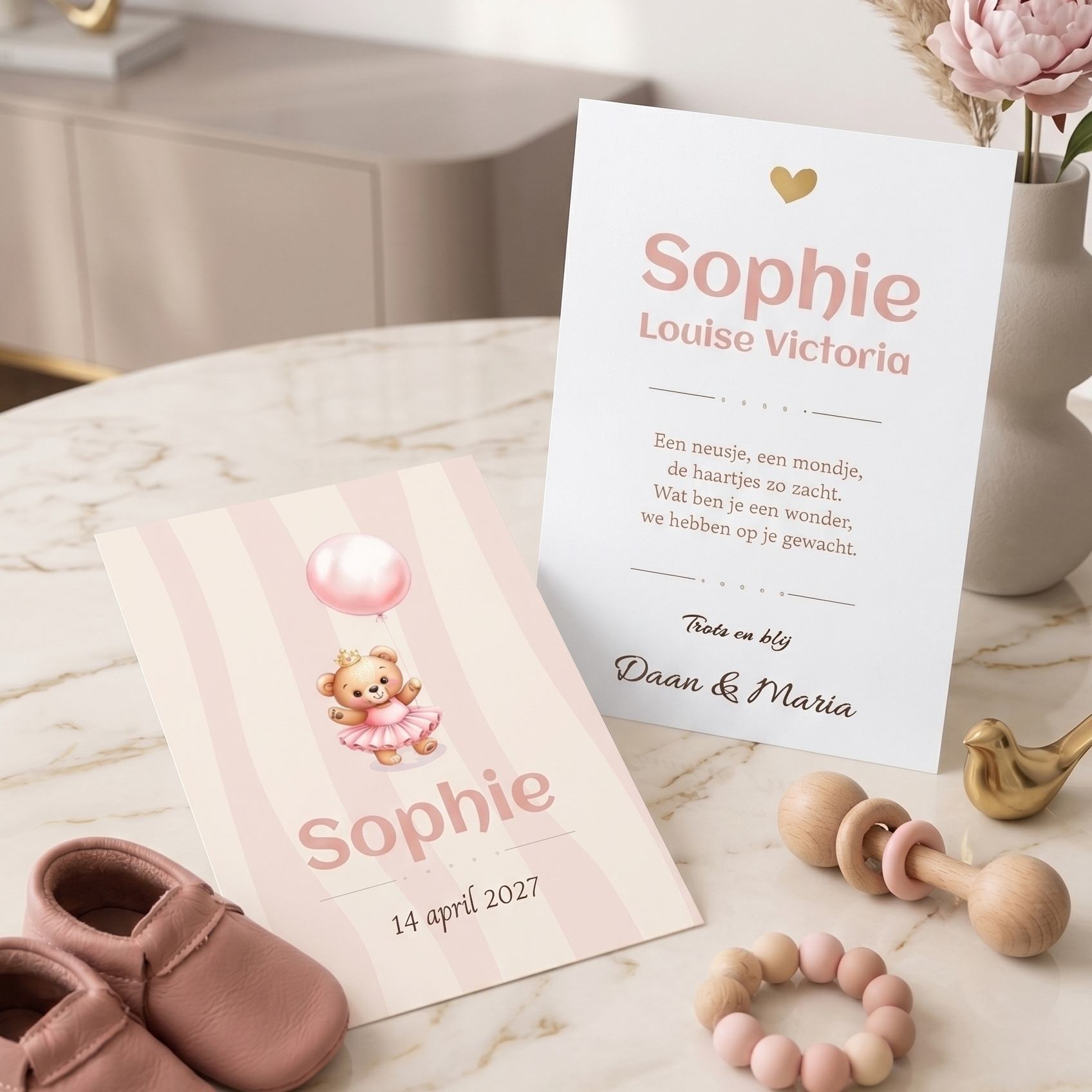 Geboortekaartje meisje met prinses beertje - Roze kaartje maken (300g luxe)