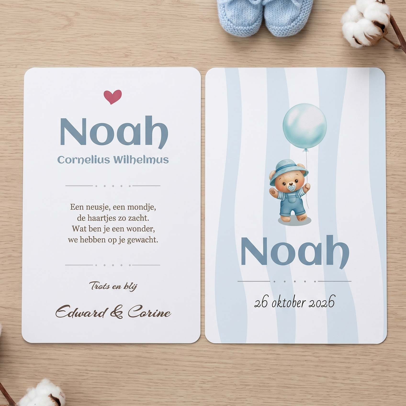 Geboorte kaartje blauw met beertje - 10 x 15 cm - A6 voor jongen