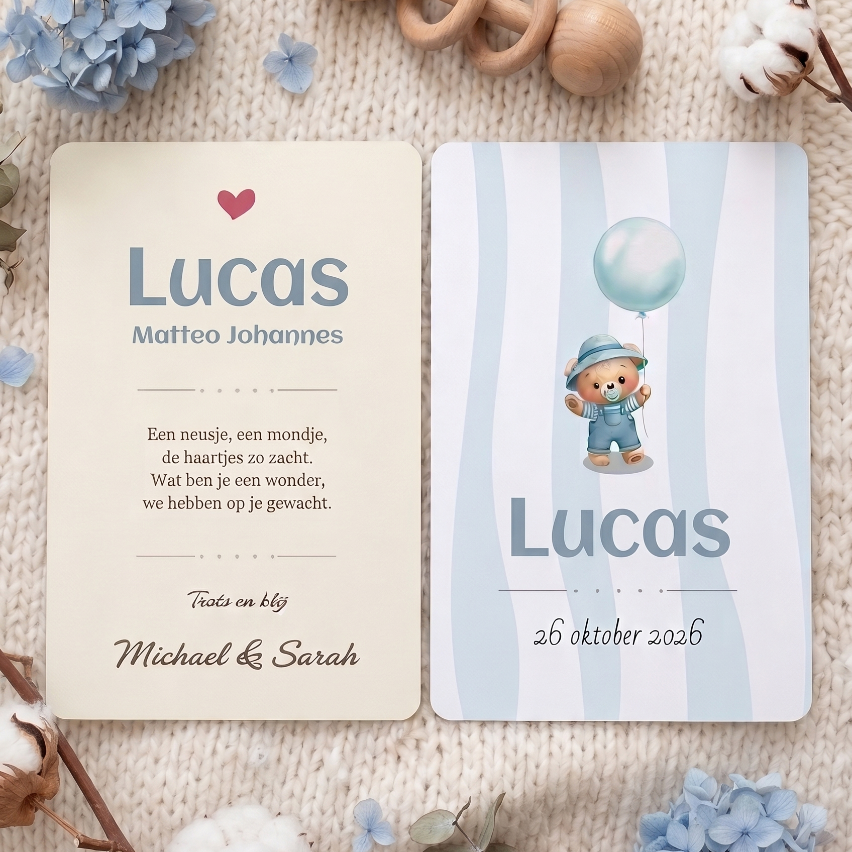 Geboortekaartje voor jongen met zachte kleuren blauw thema en beertje - 10x15cm - A6 - Dubbelzijdig