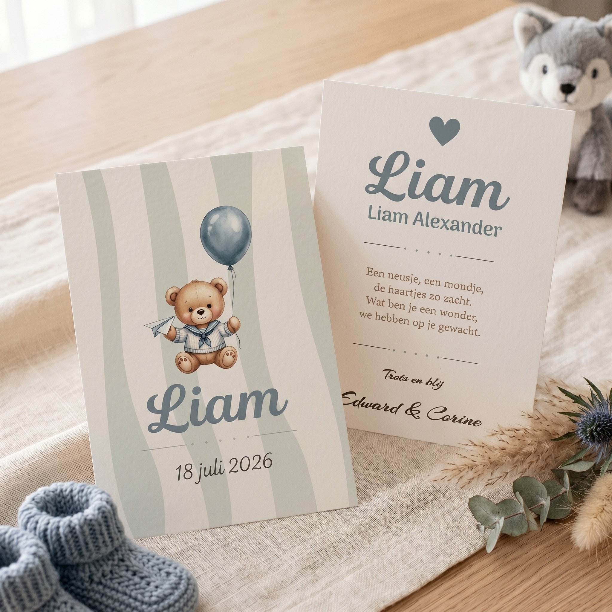 Geboortekaartje jongen met beertje - Blauw kaartje maken (300g luxe)