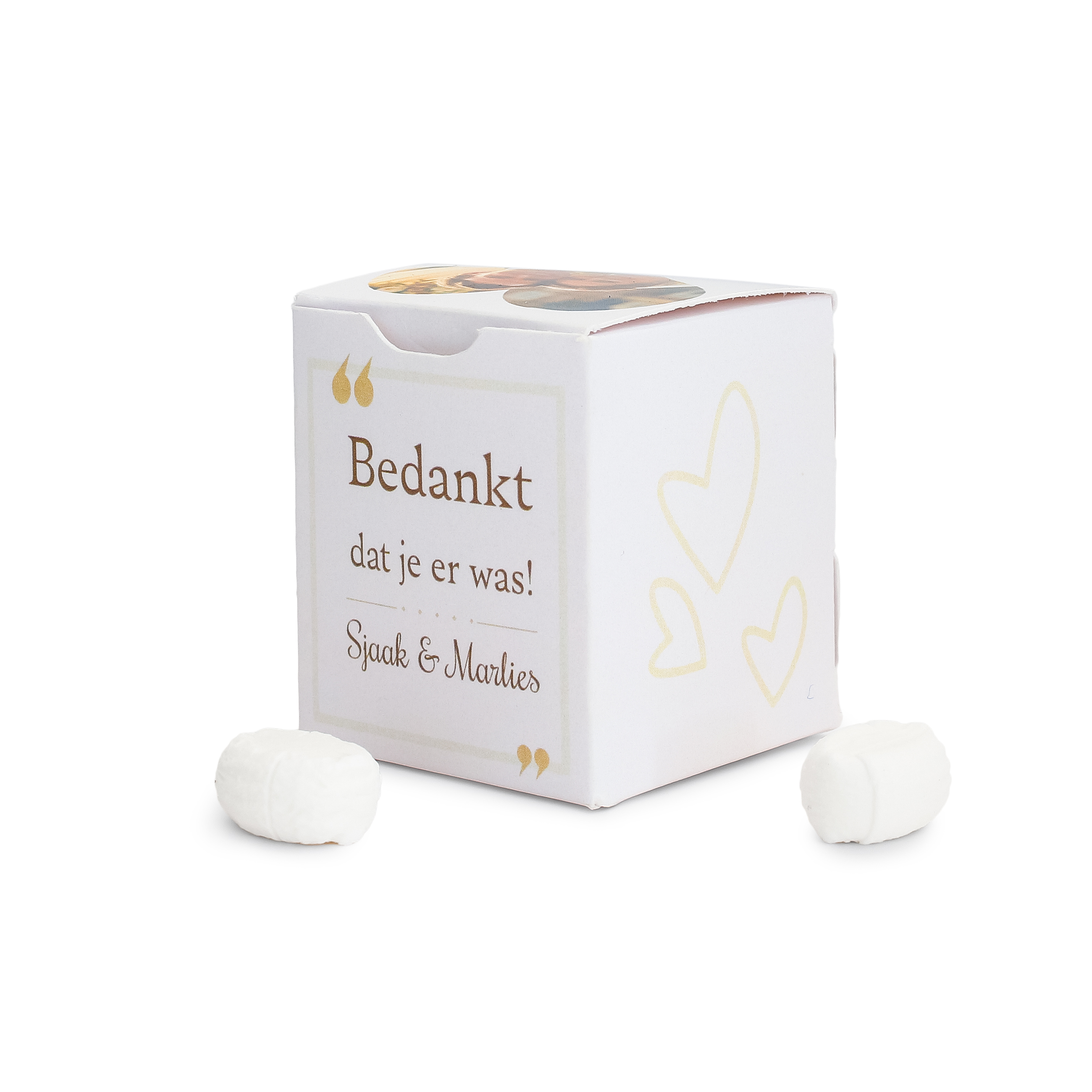 Gepersonaliseerd trouwbedankje doosje met snoep - met naam, foto & eigen ontwerp