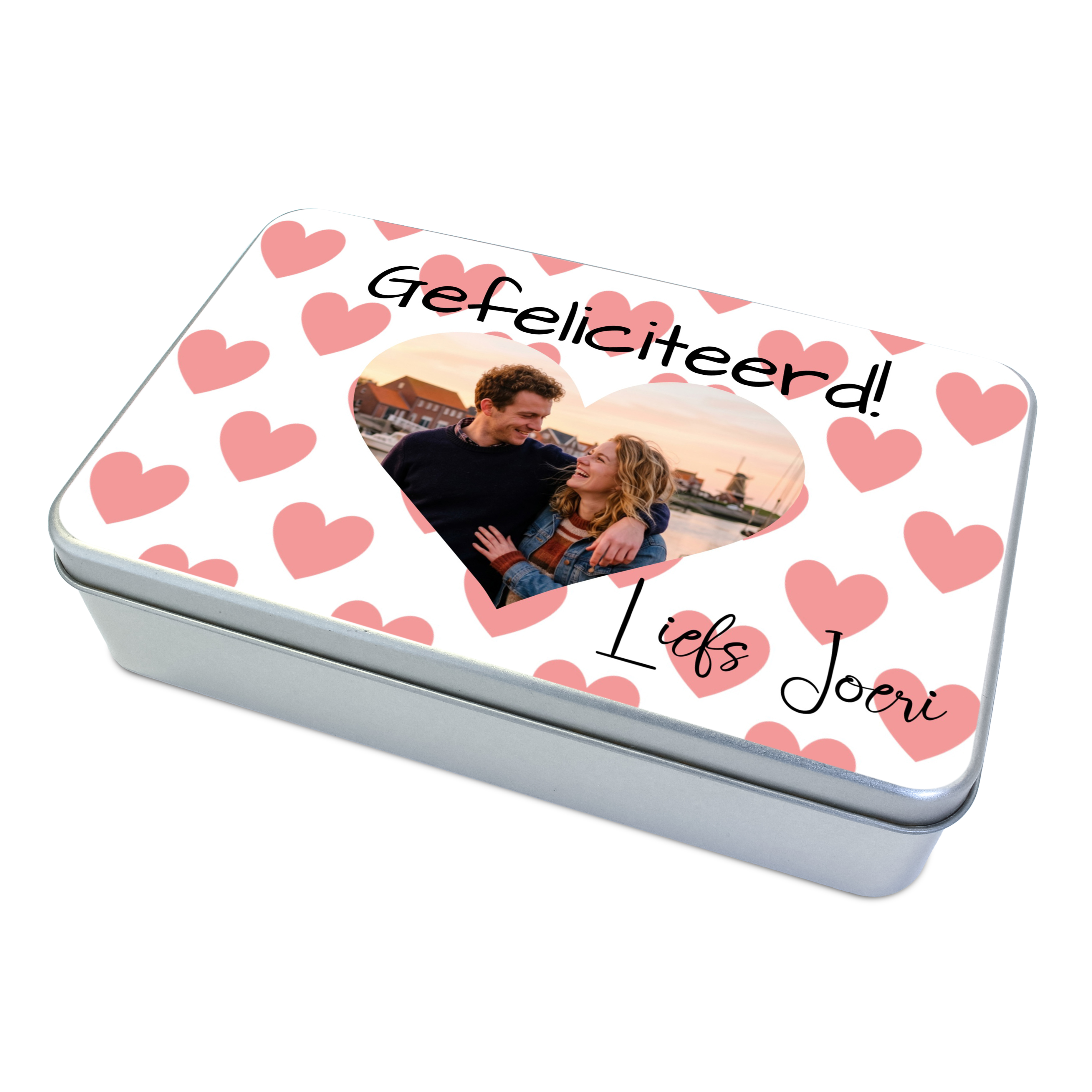 Gepersonaliseerd cadeaublik met foto - Felicitatie blik met hartjes en foto