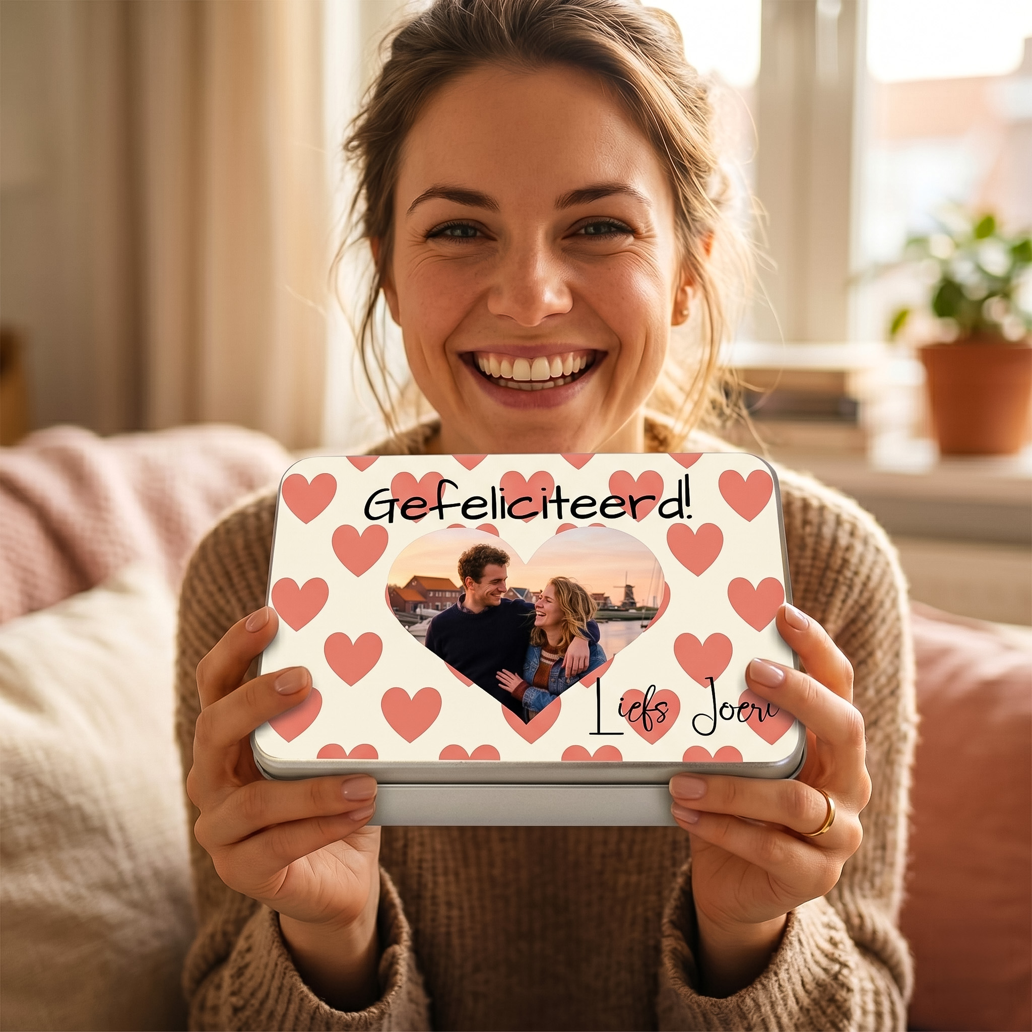 Gepersonaliseerd snoep blik met hartje en foto als felicitatie cadeau