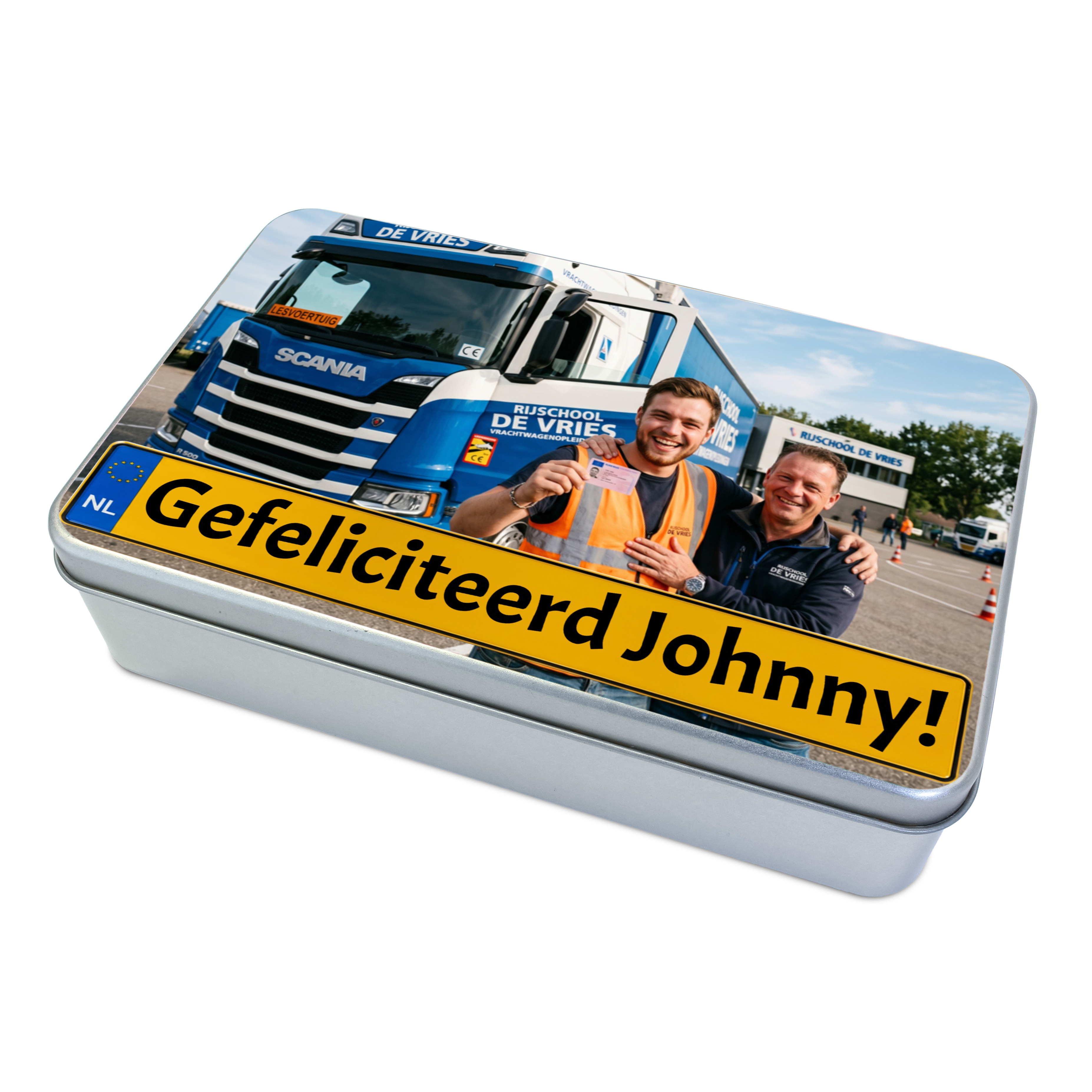 Vrachtwagen rijbewijs geslaagd cadeau blik met foto – Gepersonaliseerd chauffeur cadeau CE / Code 95