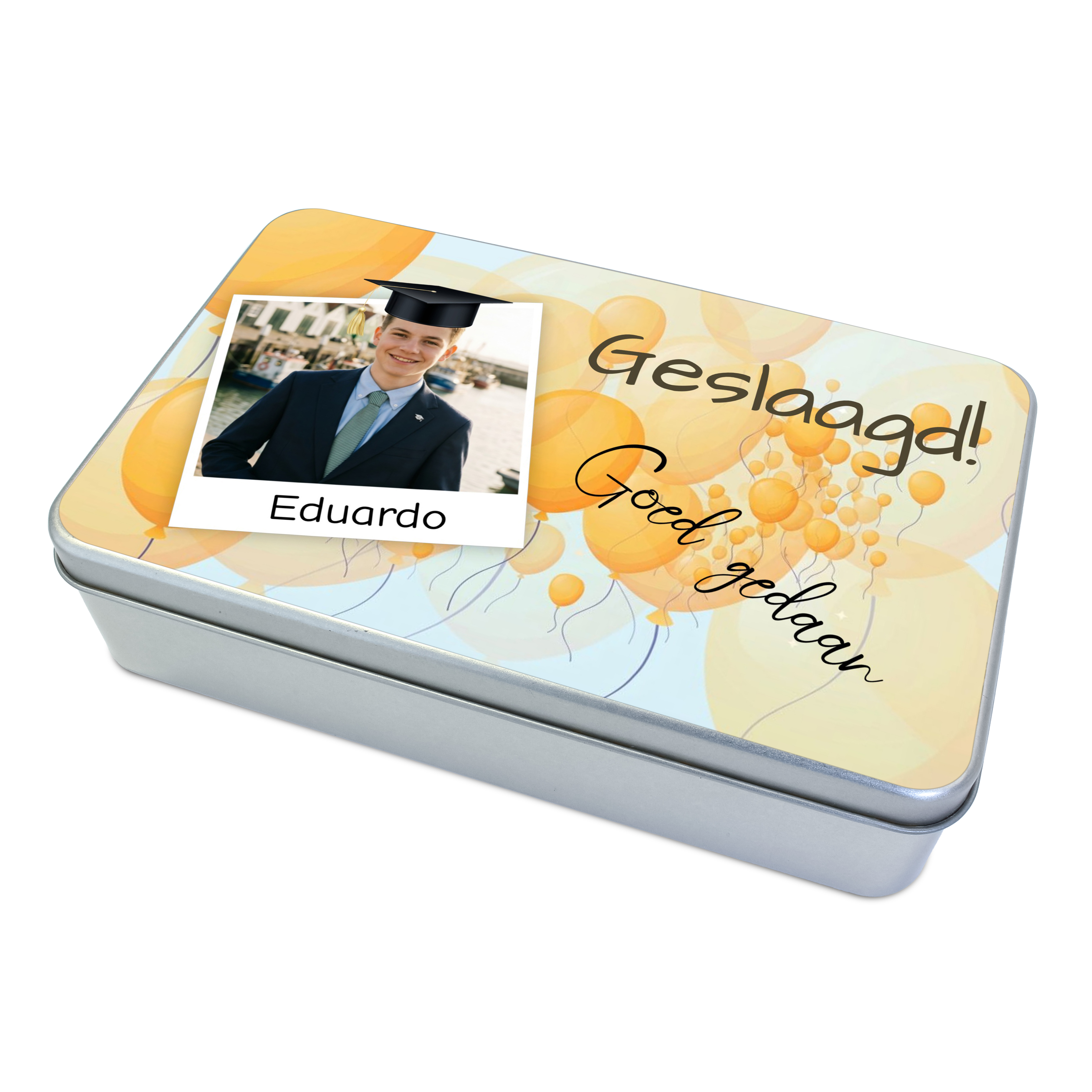 Geslaagd cadeau blik met foto – Gepersonaliseerd blik voor diploma / examen geslaagd