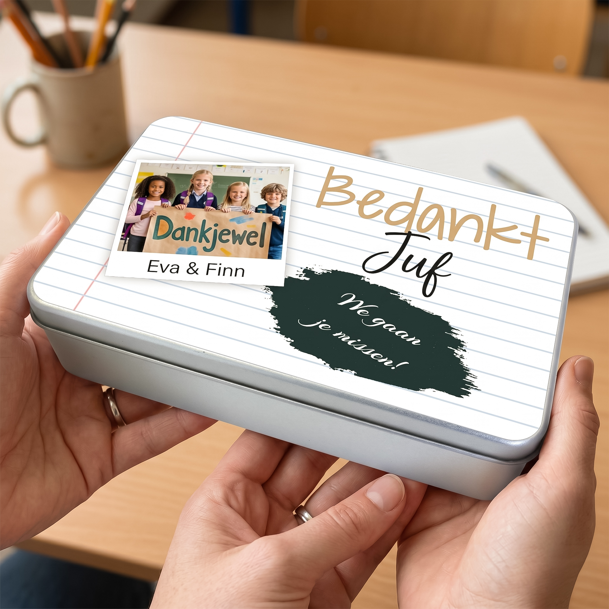 Gepersonaliseerd cadeaublik met foto en tekst als bedankje voor de juf