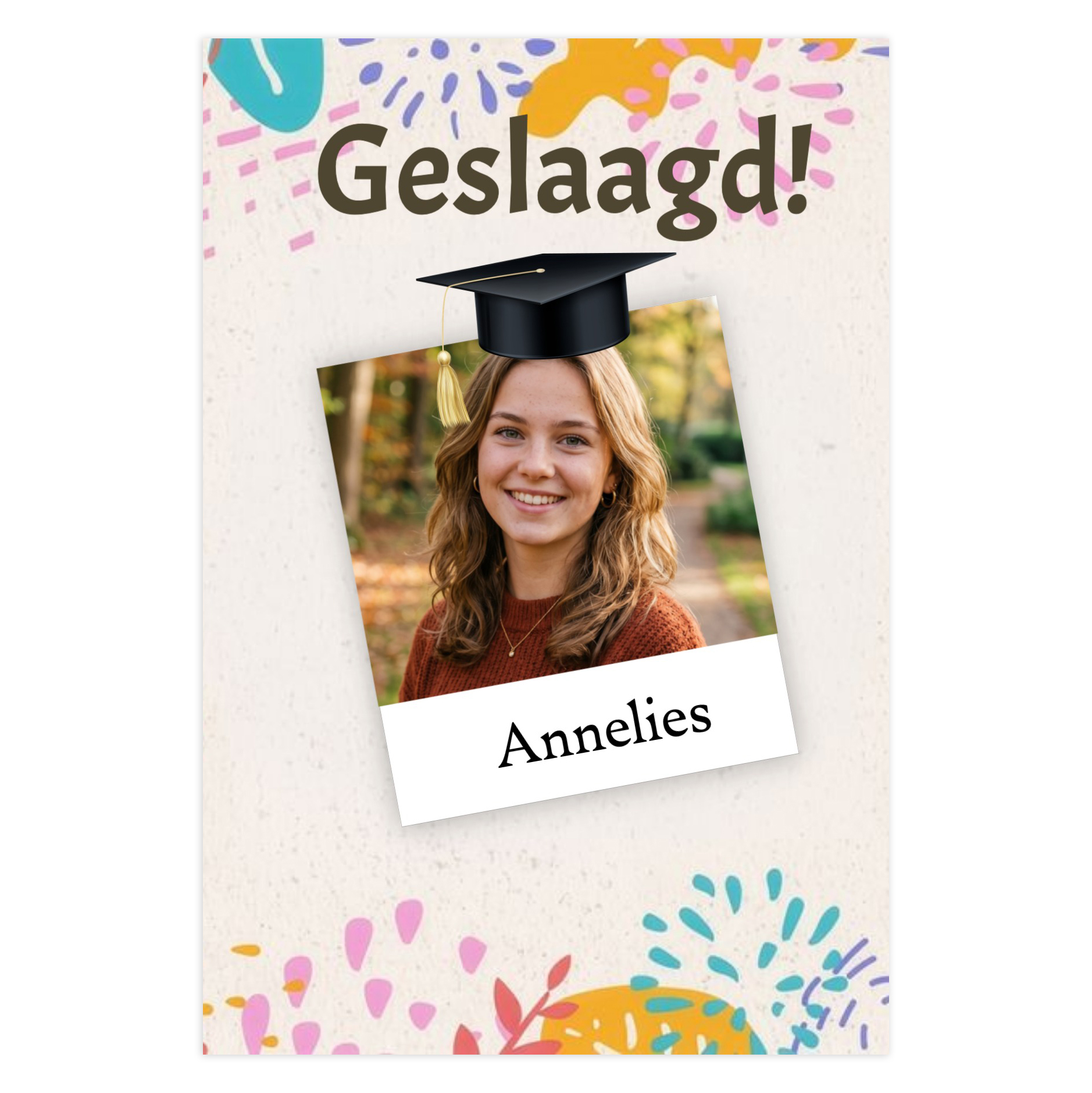 Geslaagd kaart kleurrijk met foto en naam – Felicitatie kaartje examen (300g luxe)