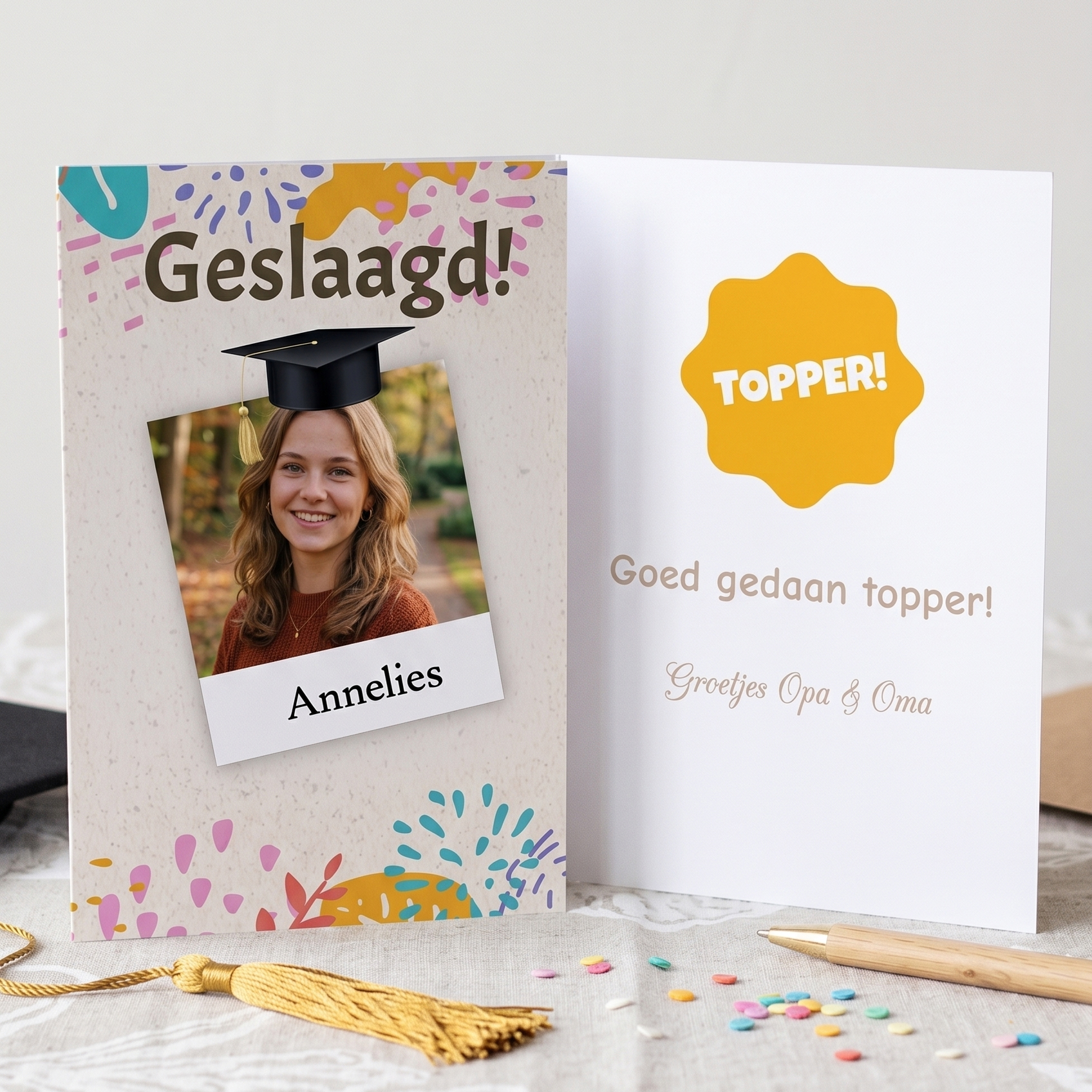 Kaartje voor geslaagde bij behalen van diploma met foto - Dubbelzijdig - A6 - Verticaal