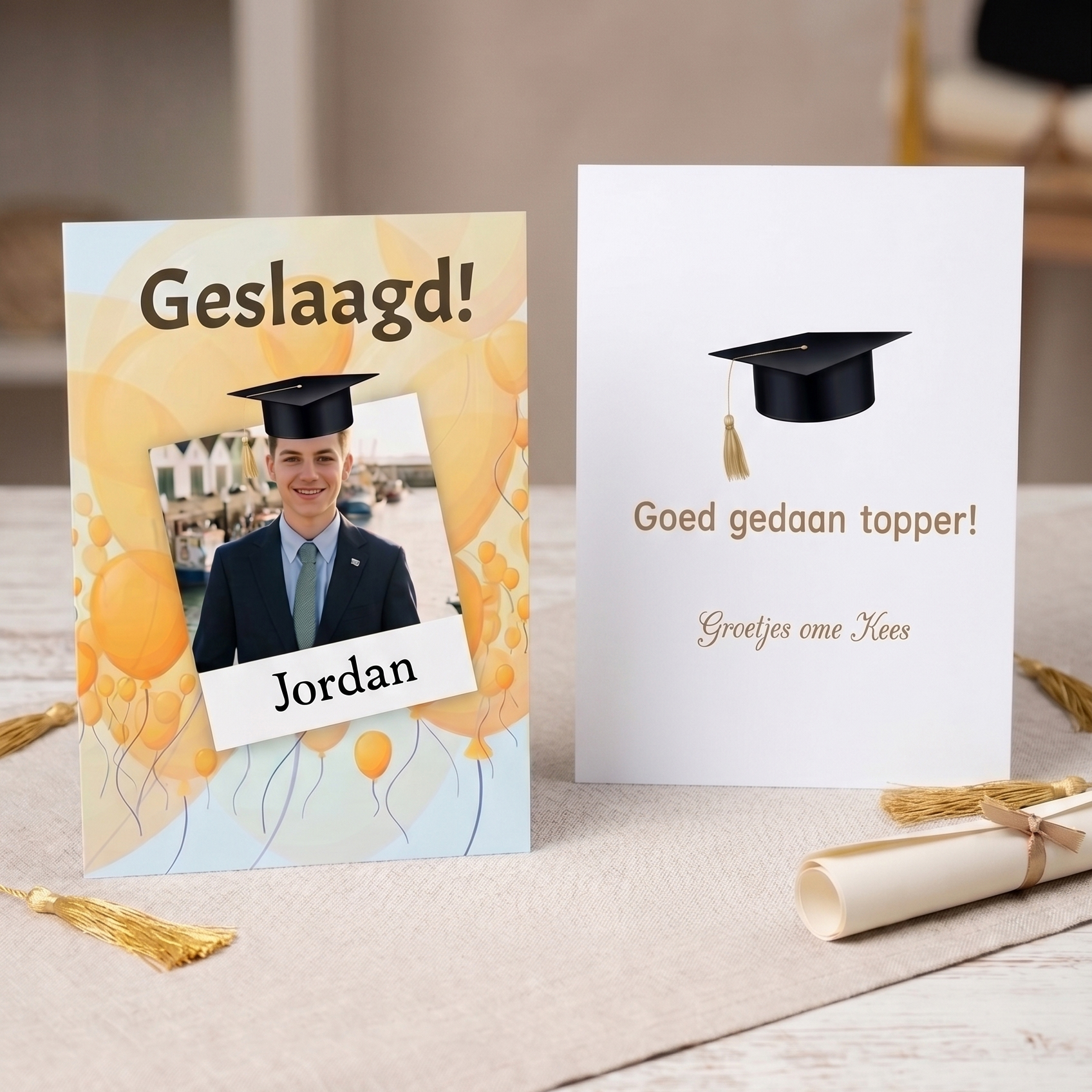 Dubbelzijdig bedrukt Kaartje voor behalen van diploma - Zelf te ontwerpen - Met foto en naam - Dubbelzijdig - A6 - Verticaal