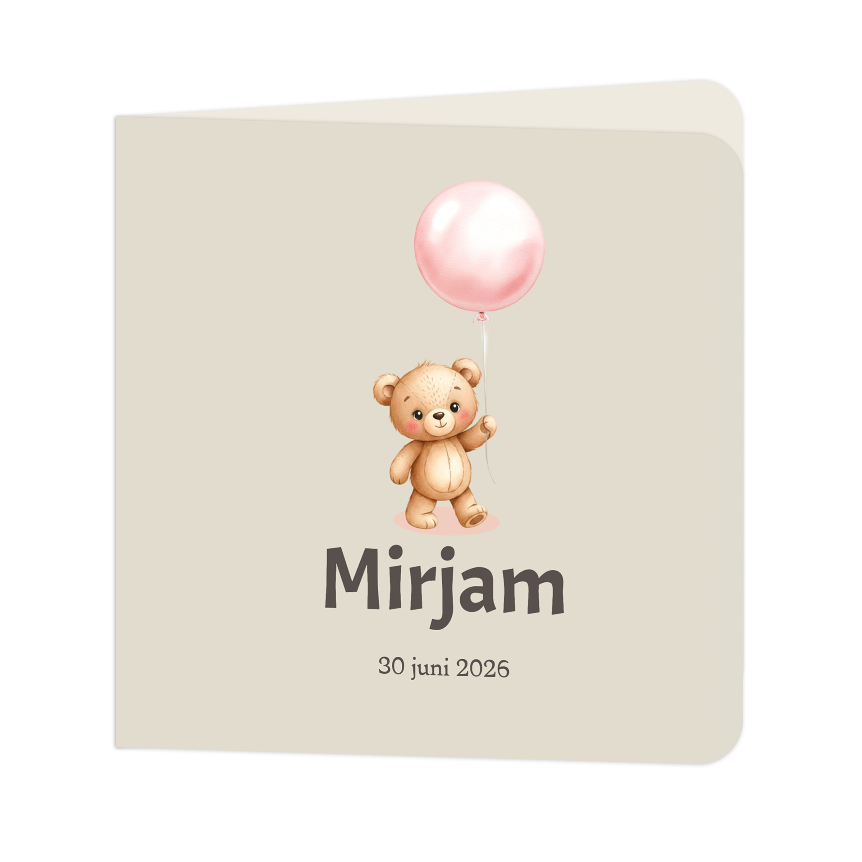 Geboortekaartje meisje met beertje en ballon – Luxe kaart 12,4 cm